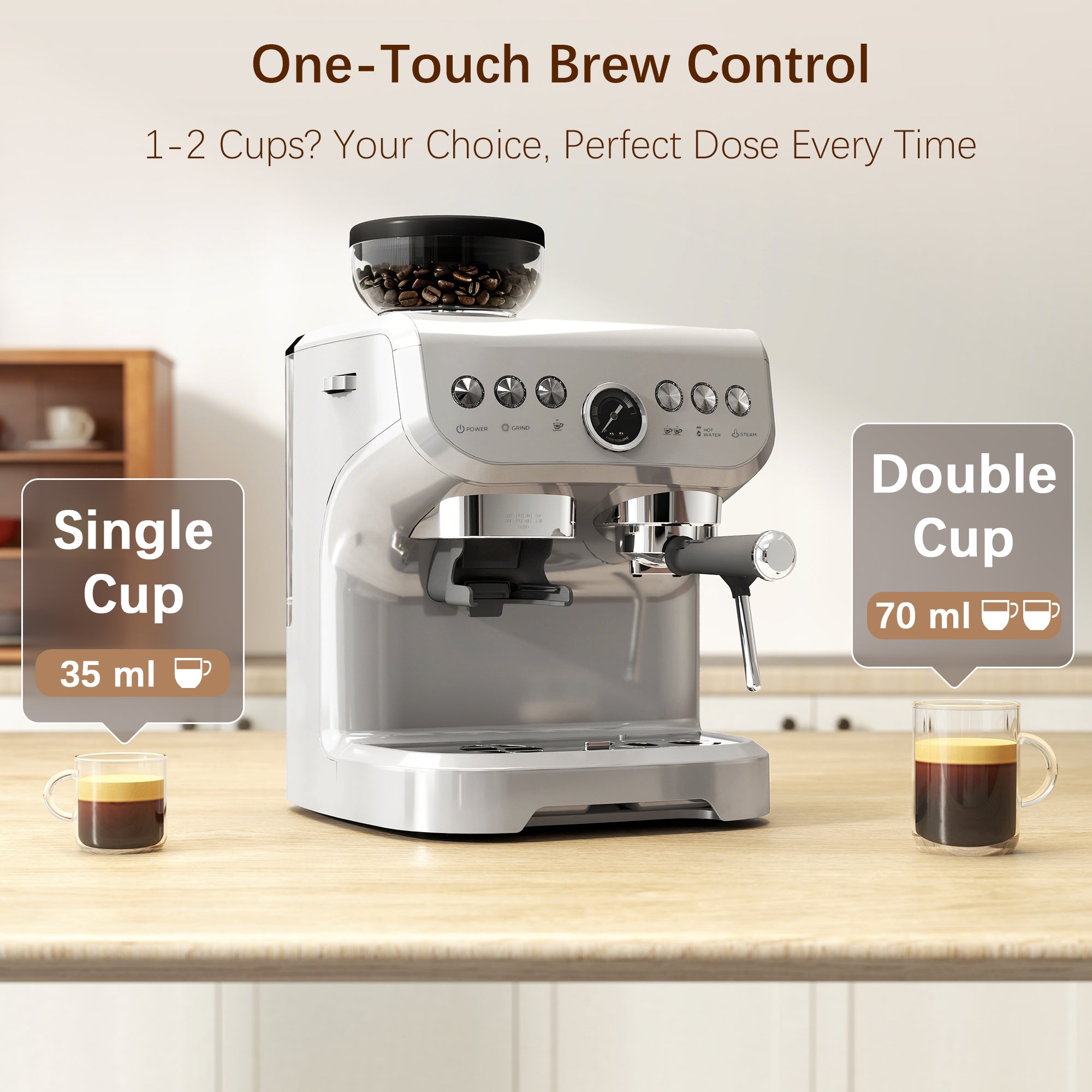 15 Bar Coffee Machine, with Adjustable Grind, Steamer and Accessories - Silver Colour