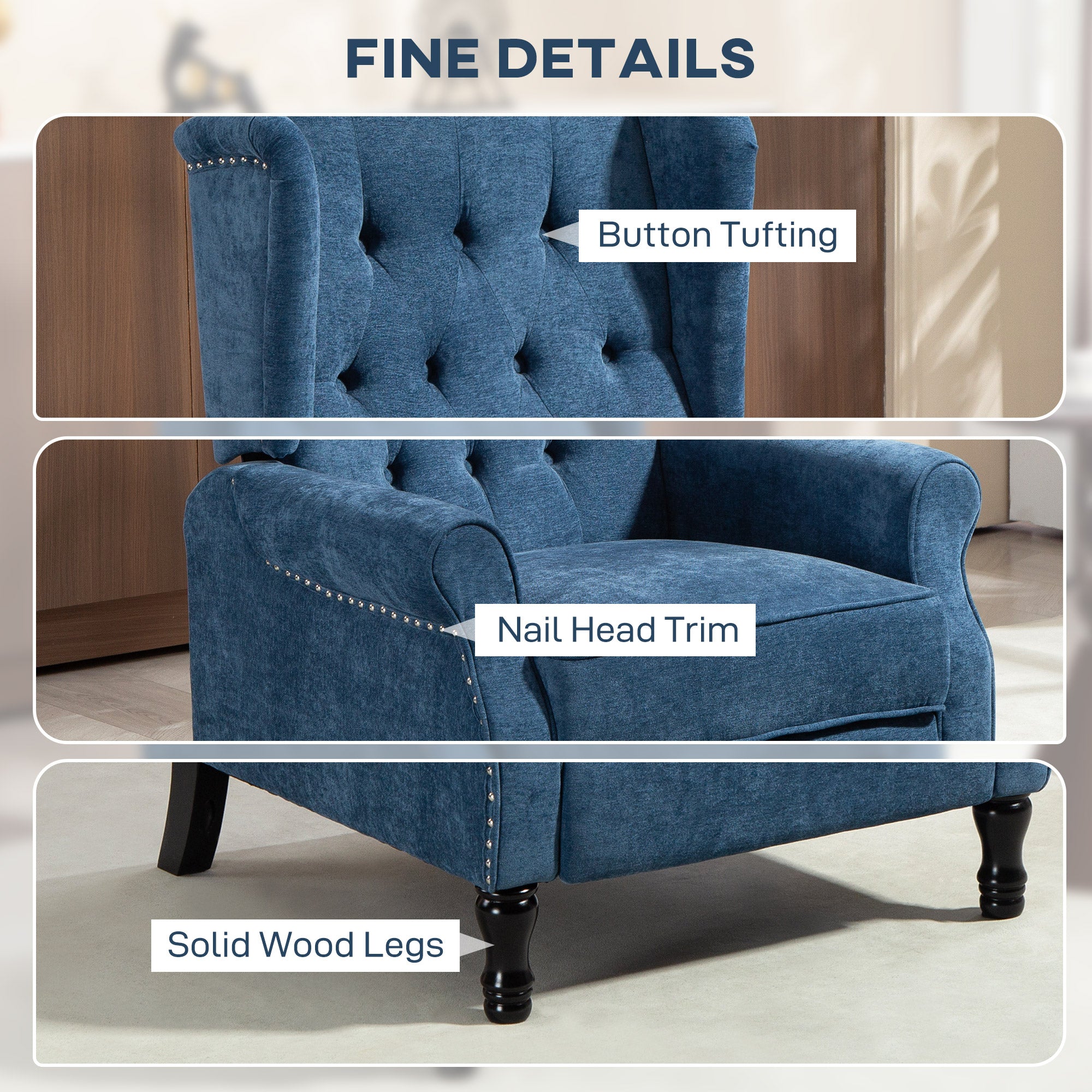 Fynco - 150° Reclining Vintage Armchair, with footrest, Royal Blue