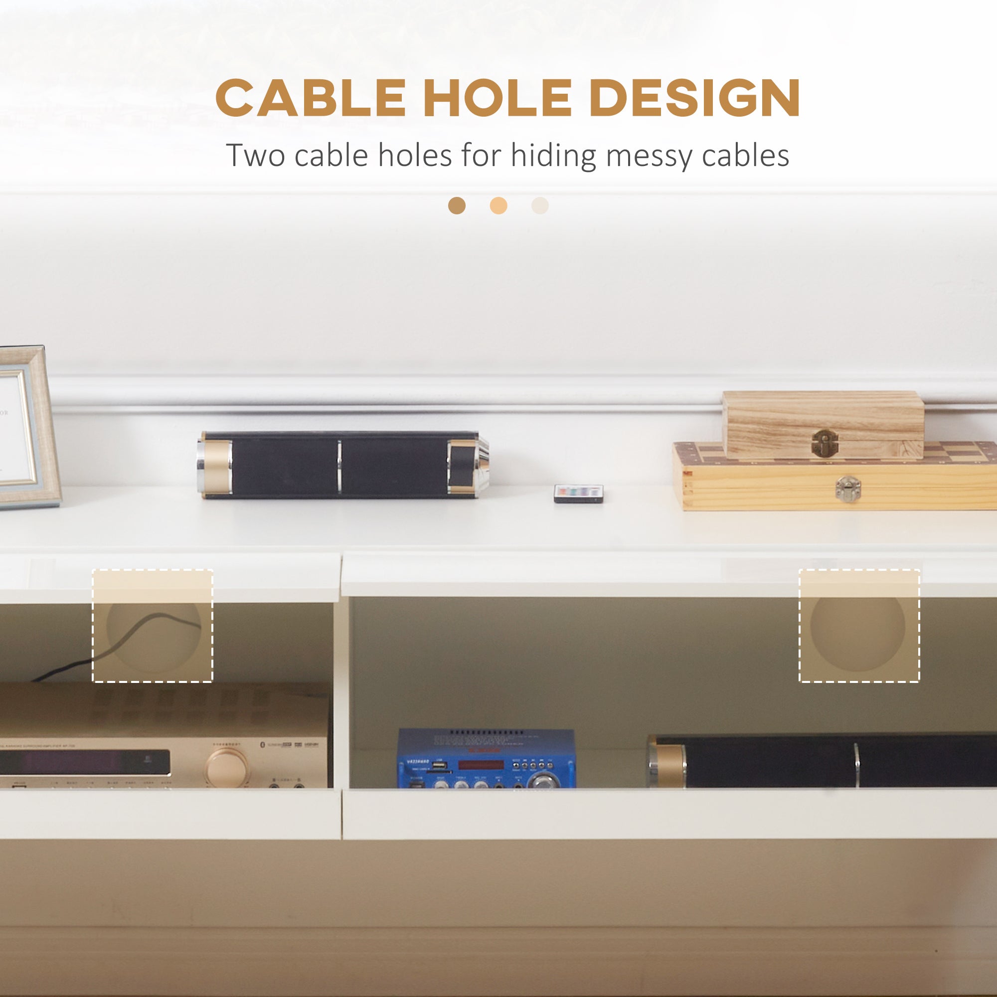 Floating TV Unit, Wall Mounted TV Cabinet for TVs up to 65", High Gloss Media Wall Unit with LED Lights, Storage Shelves for Living Entertainment Room, White