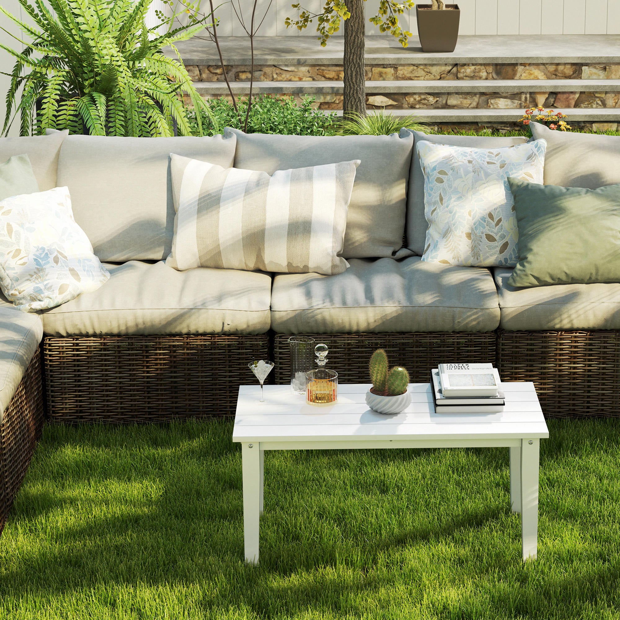 Outdoor Garden Coffee Table, HDPE All-Weather Rectangular Outdoor Garden Table with Slatted Tabletop for Patio, Balcony, 91 x 44 x 42 cm, White