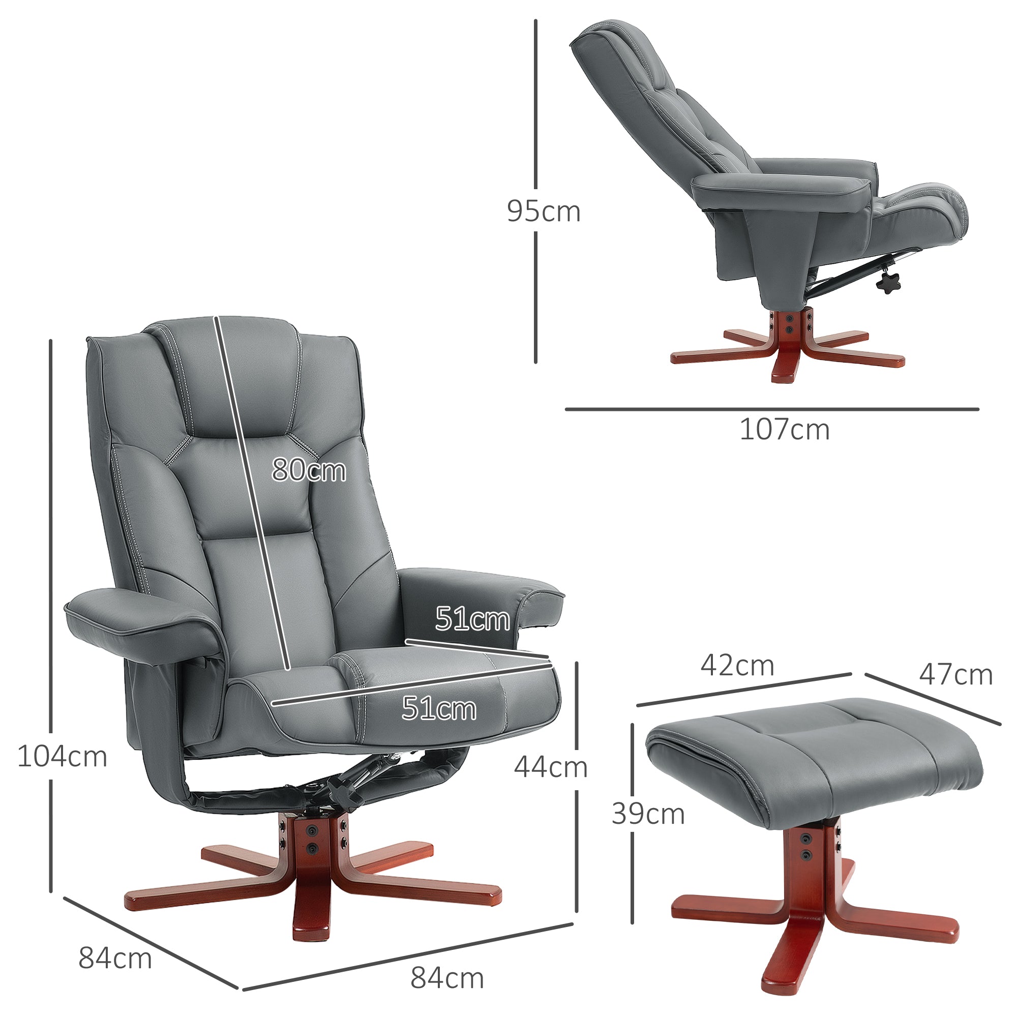 Faux Leather Manual Recliner and Footstool Set - Grey