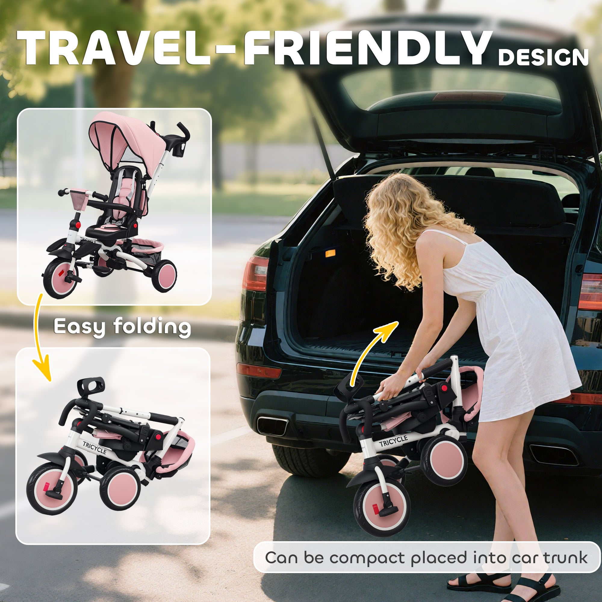 AIYAPLAY 6 in 1 Foldable Kids Trike with Adjustable Parent Handle & Canopy for Ages 1-5, Pink