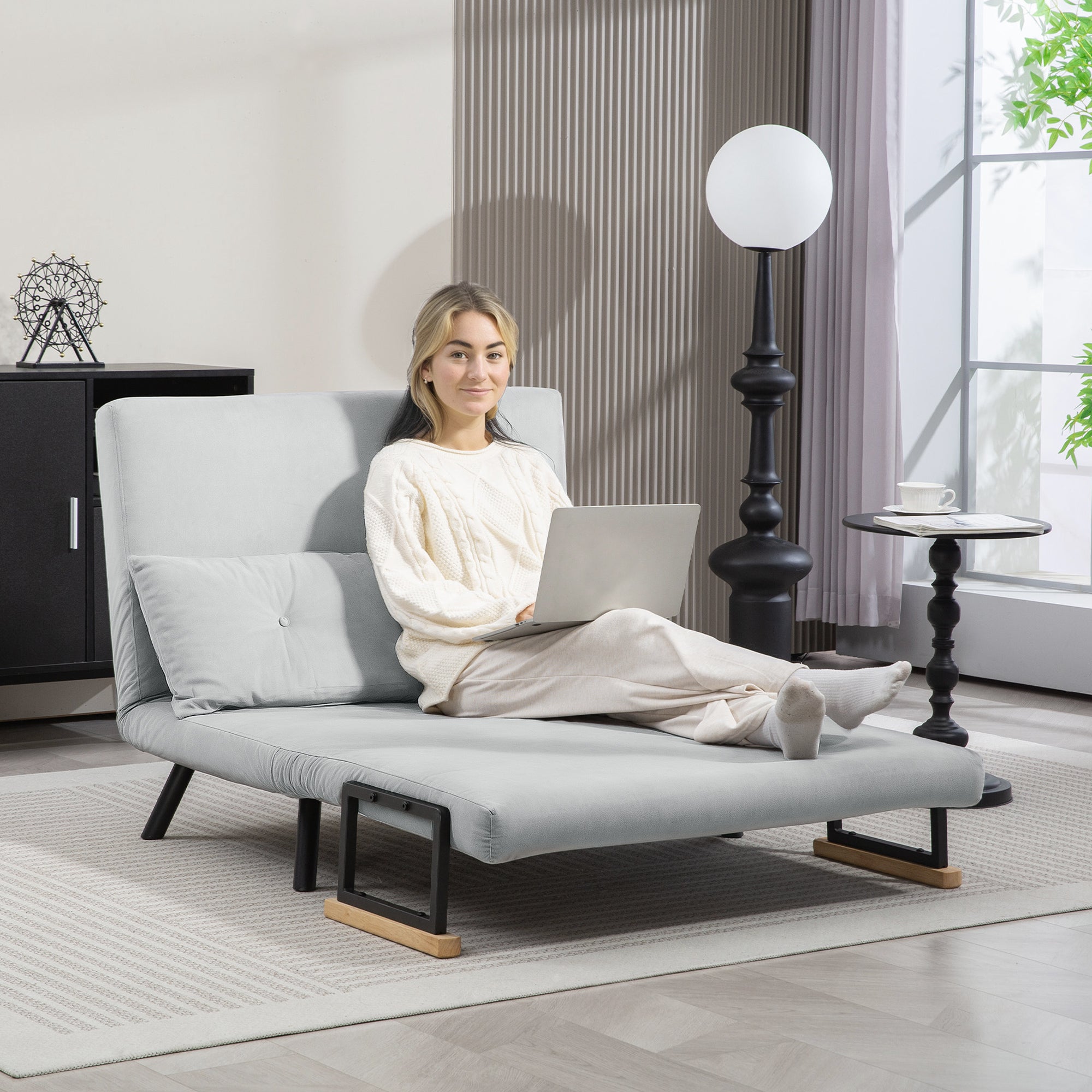 4-in-1 Velvet-Feel Double Sofa Bed, with Pillows - Light Grey