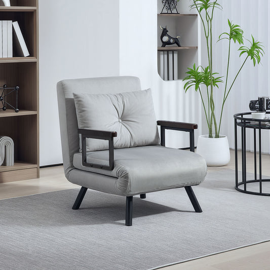 4-in-1 Velvet-Feel Single Chair Bed, with Pillow - Light Grey