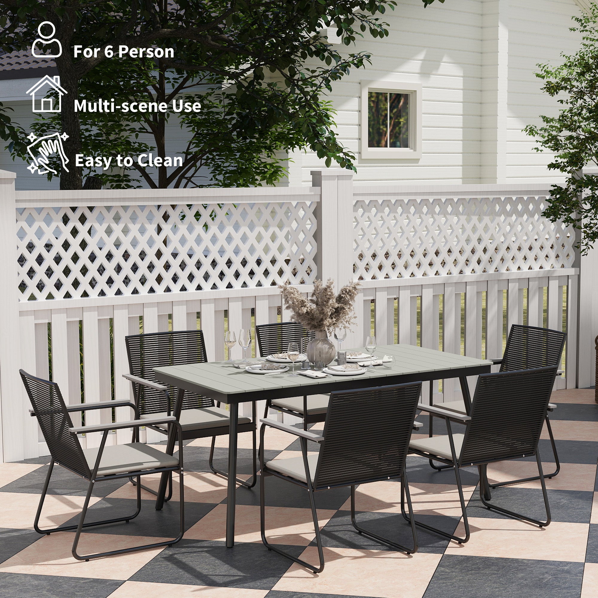 6 Seater Garden Dining Set with Soft Cushions, Rattan Backrest, Rectangular Plastic Top, Garden Furniture Set, Outdoor Dining Table and Chairs for Patio, Balcony, Poolside, Grey