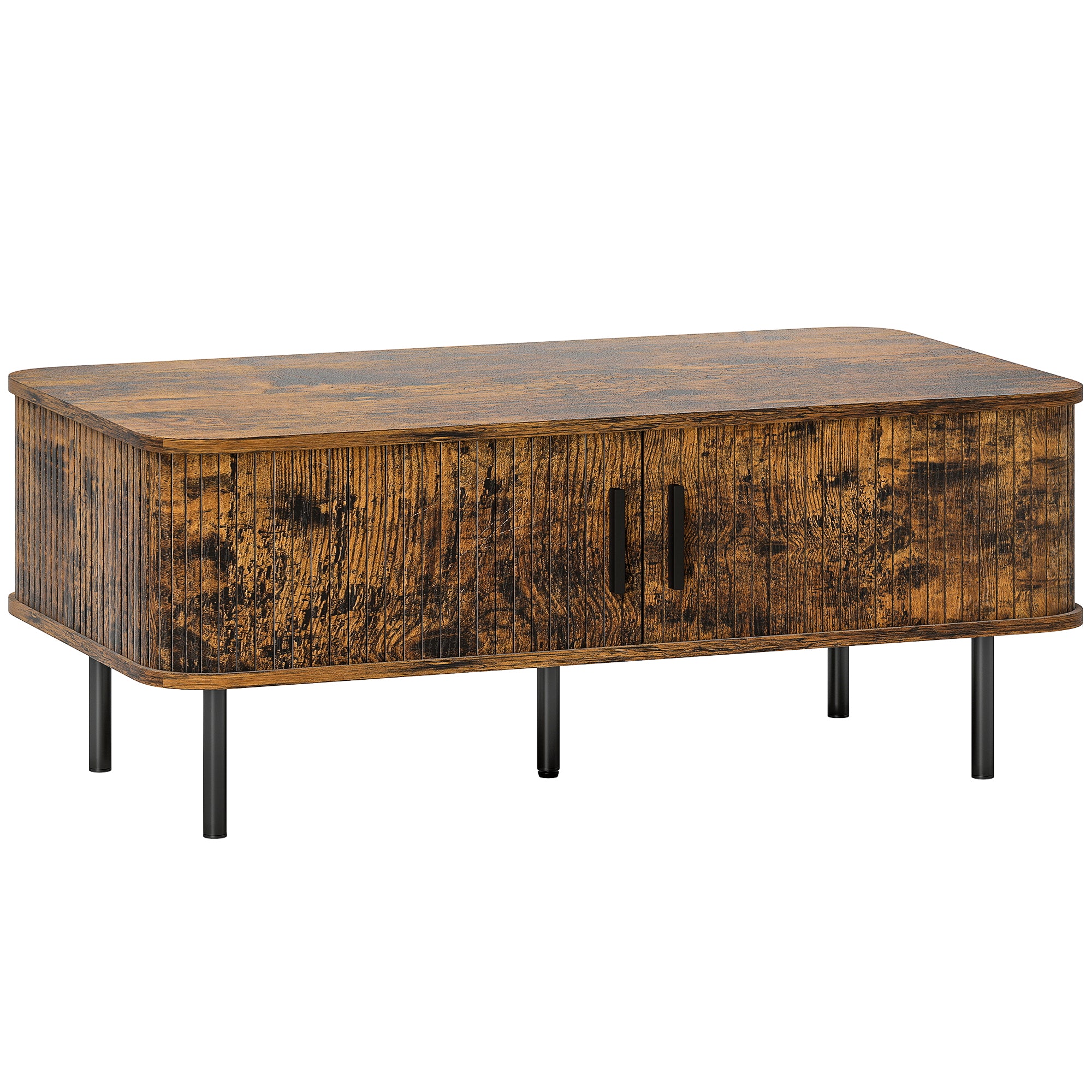 Coffee Table with Storage, Living Room Table with Slatted Tambour Sliding Doors and Foot Pads, Rectangular Coffee Table with Elevated Base for Living Room, Rustic Brown