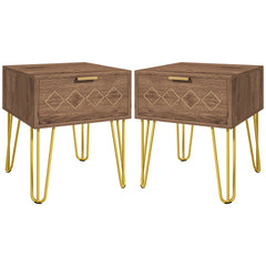 Bedside Table Set of 2 with Drawer, Wooden Nightstand, Modern Sofa Side Table with Gold Tone Metal Legs for Bedroom