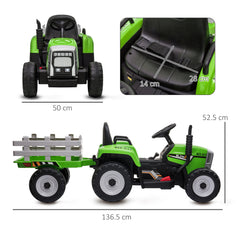 Ride On Tractor, Battery Powered Electric Car, with Detachable Trailer, Remote Control, Music - Green