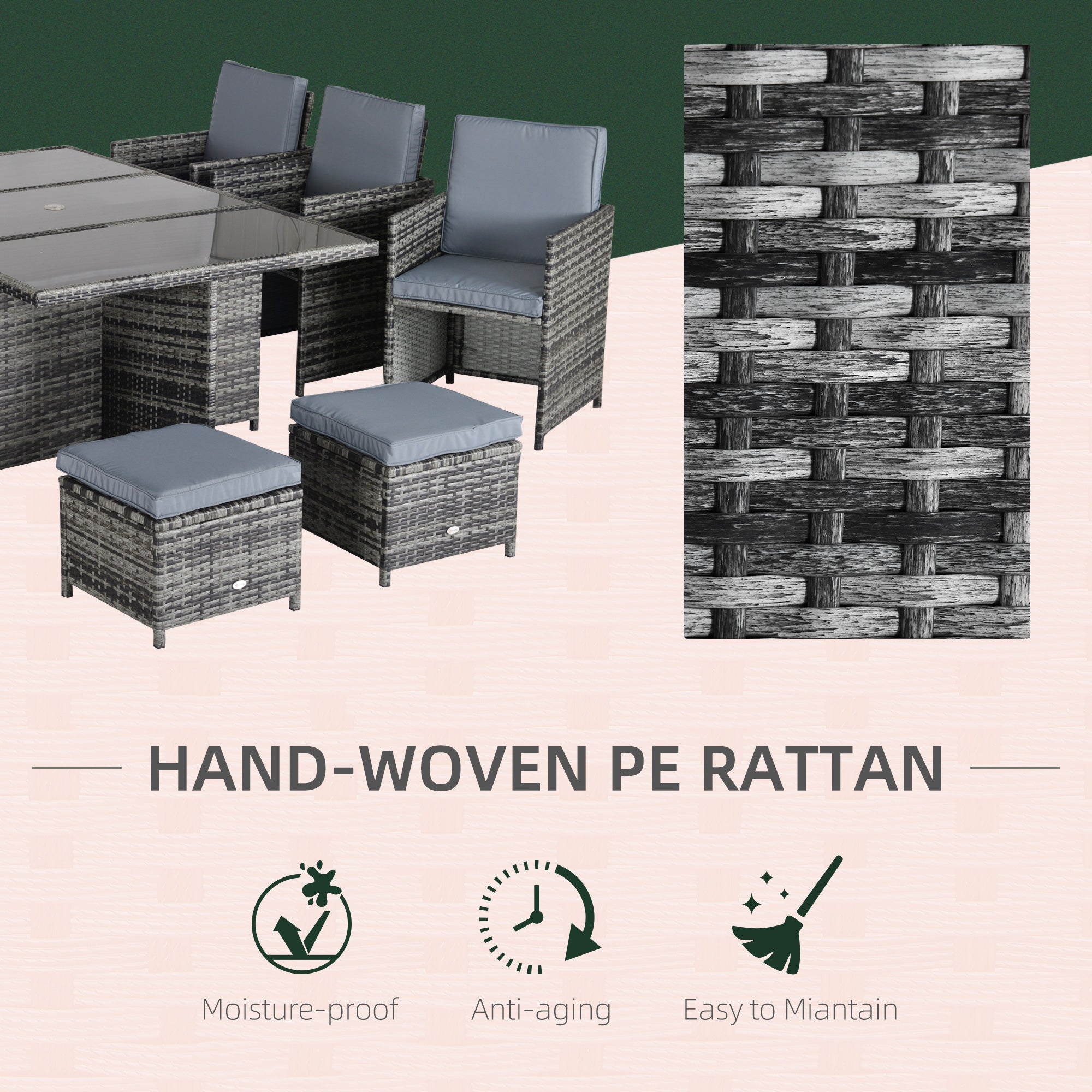 10 Seater Rattan Cube Garden Furniture Set with Parasol Hole, Rattan Dining Set with Cushions, Outdoor Dining Table and Chairs with Rectangular Glass Top Table for Patio, Mixed Grey