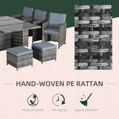 10 Seater Rattan Cube Garden Furniture Set with Parasol Hole, Rattan Dining Set with Cushions, Outdoor Dining Table and Chairs with Rectangular Glass Top Table for Patio, Mixed Grey