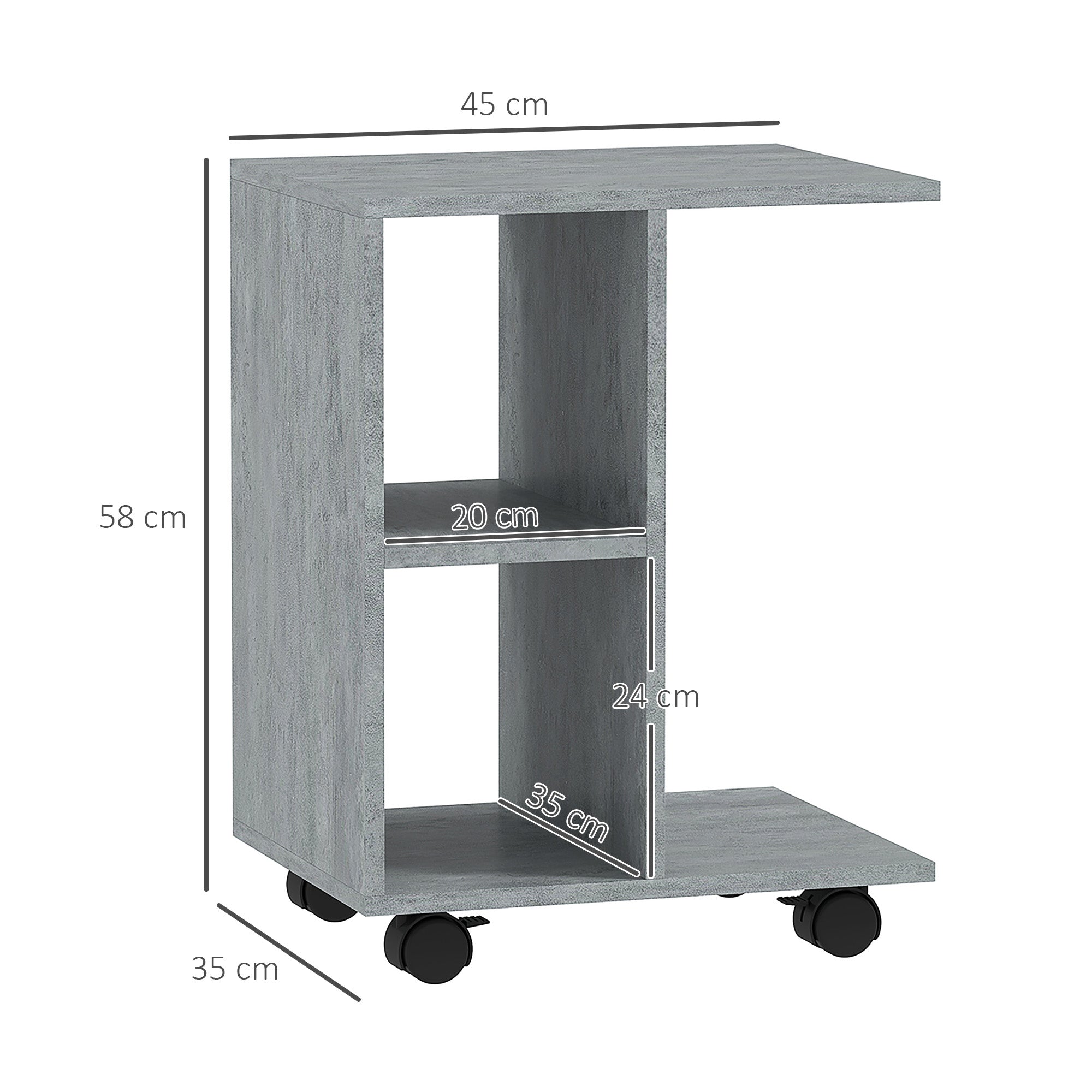 C-Shape End Table Unique Storage Unit w/ 2 Shelves 4 Wheels Freestanding Home Office Furniture Cabinet Square Studio Grey