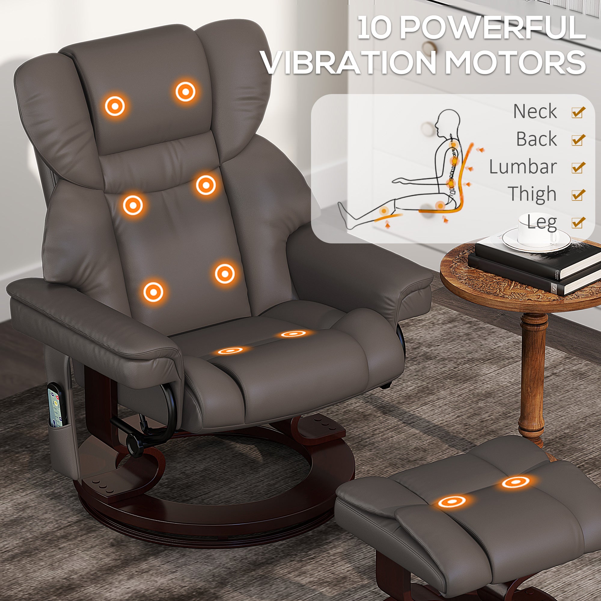 Massage Recliner Chair with Footstool, Upholstered Reclining Armchair with Adjustable Backrest, Steel Frame and Wood Base, Swivel Chair for Living Room, Bedroom, Brown
