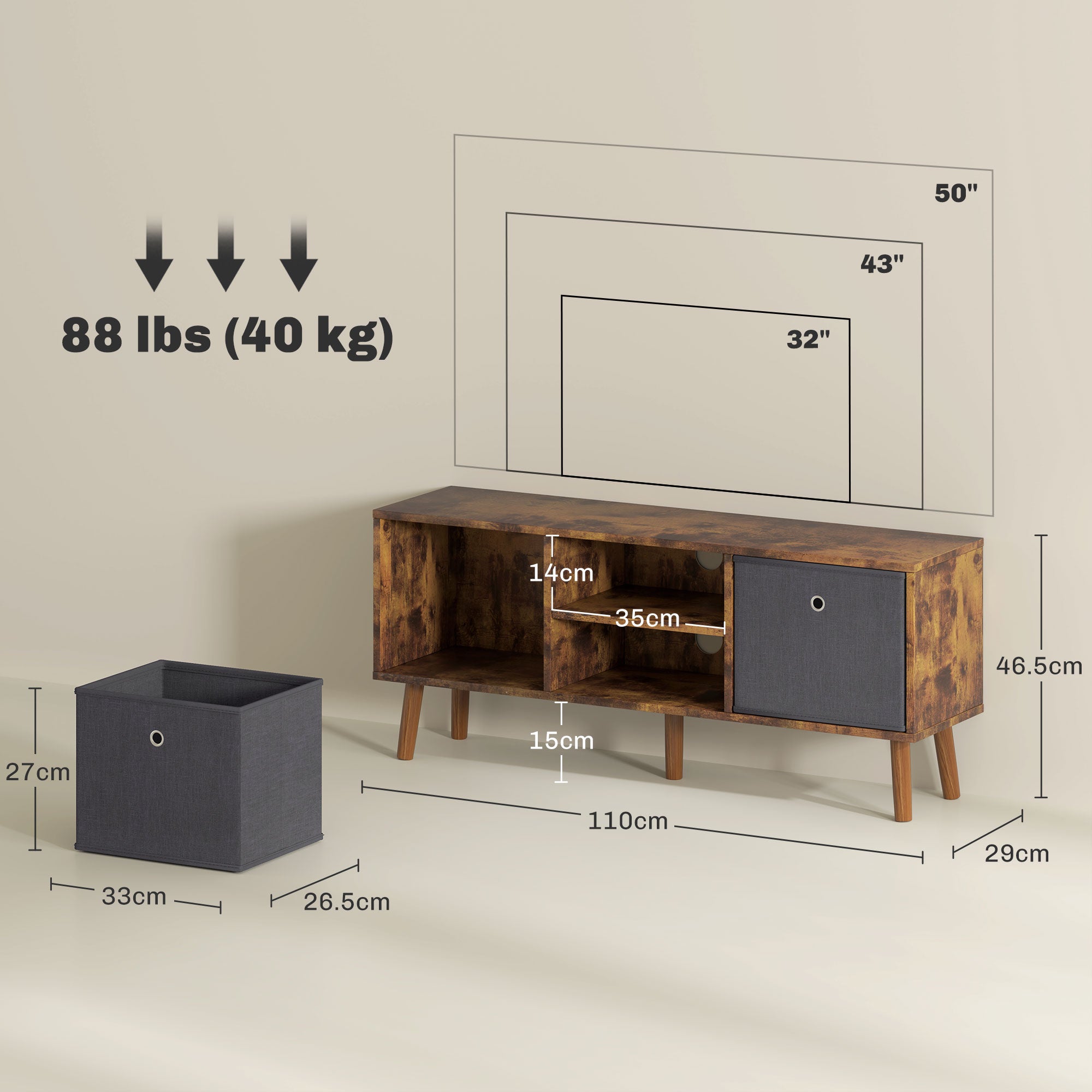 TV Cabinet Stand Unit for TVs up to 50'' with Foldable Drawers, Entertainment Centre for Living Room Rustic Brown