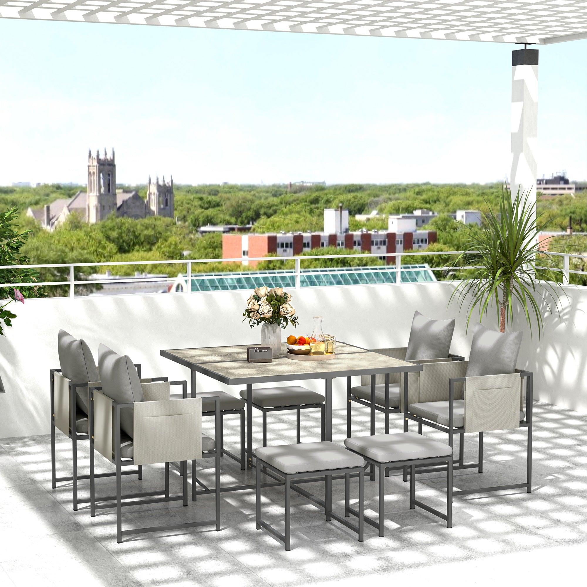 Nine-Piece Steel Frame Garden Dining Set - Grey