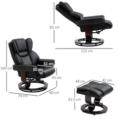 360° Swivel Recliner Chair with Footstool, PU Leather Manual Recliner Armchair with Solid Wood Base, Upholstered Reclining Chair for Living Room, Bedroom, Office, Black