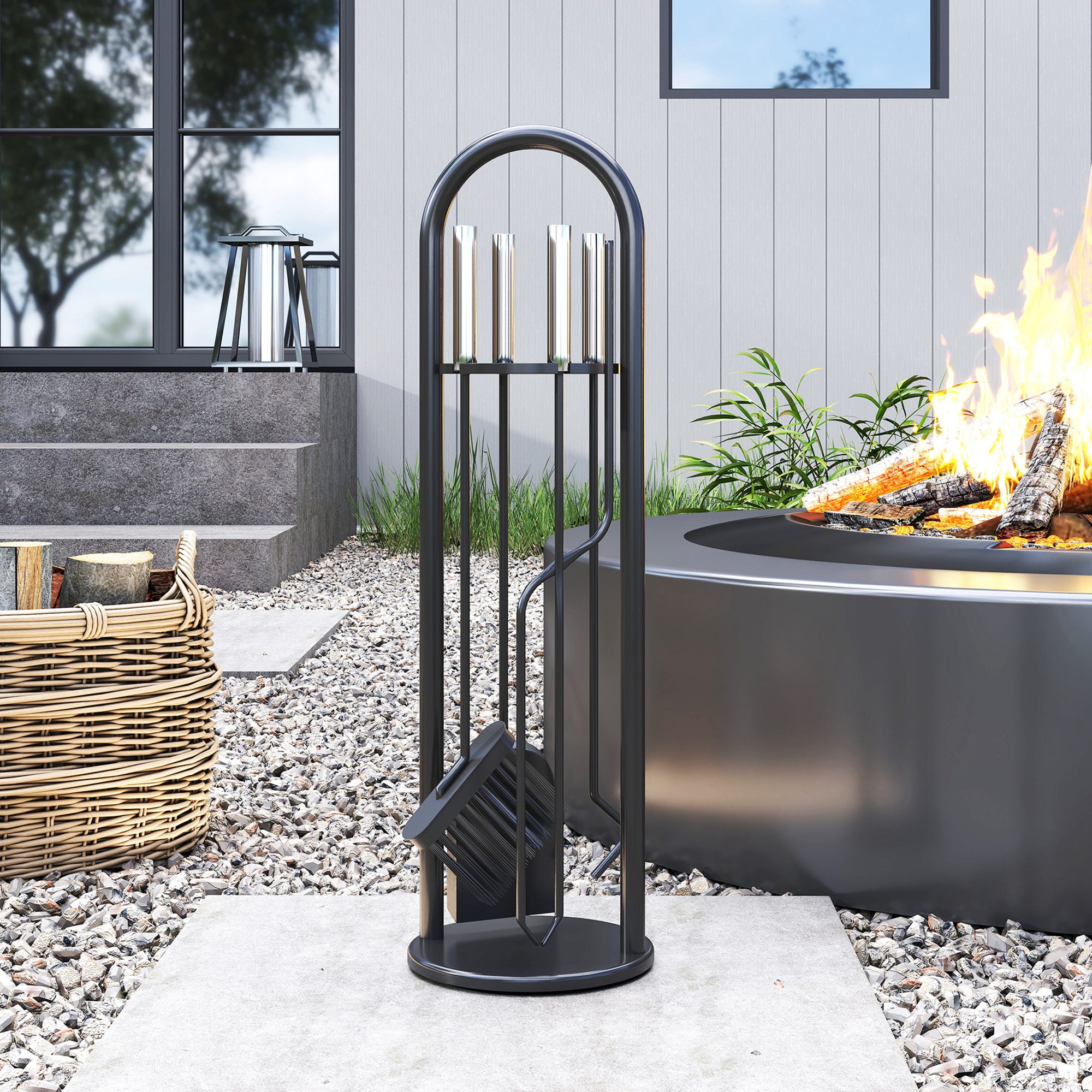 Fynco - 5 Pieces Fireplace Tools Set, Metal Fireplace Accessories Fireside Companion Set with Broom, Shovel, Poker and Bucket, Silver