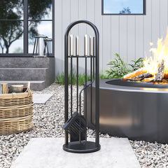 Fynco - 5 Pieces Fireplace Tools Set, Metal Fireplace Accessories Fireside Companion Set with Broom, Shovel, Poker and Bucket, Silver