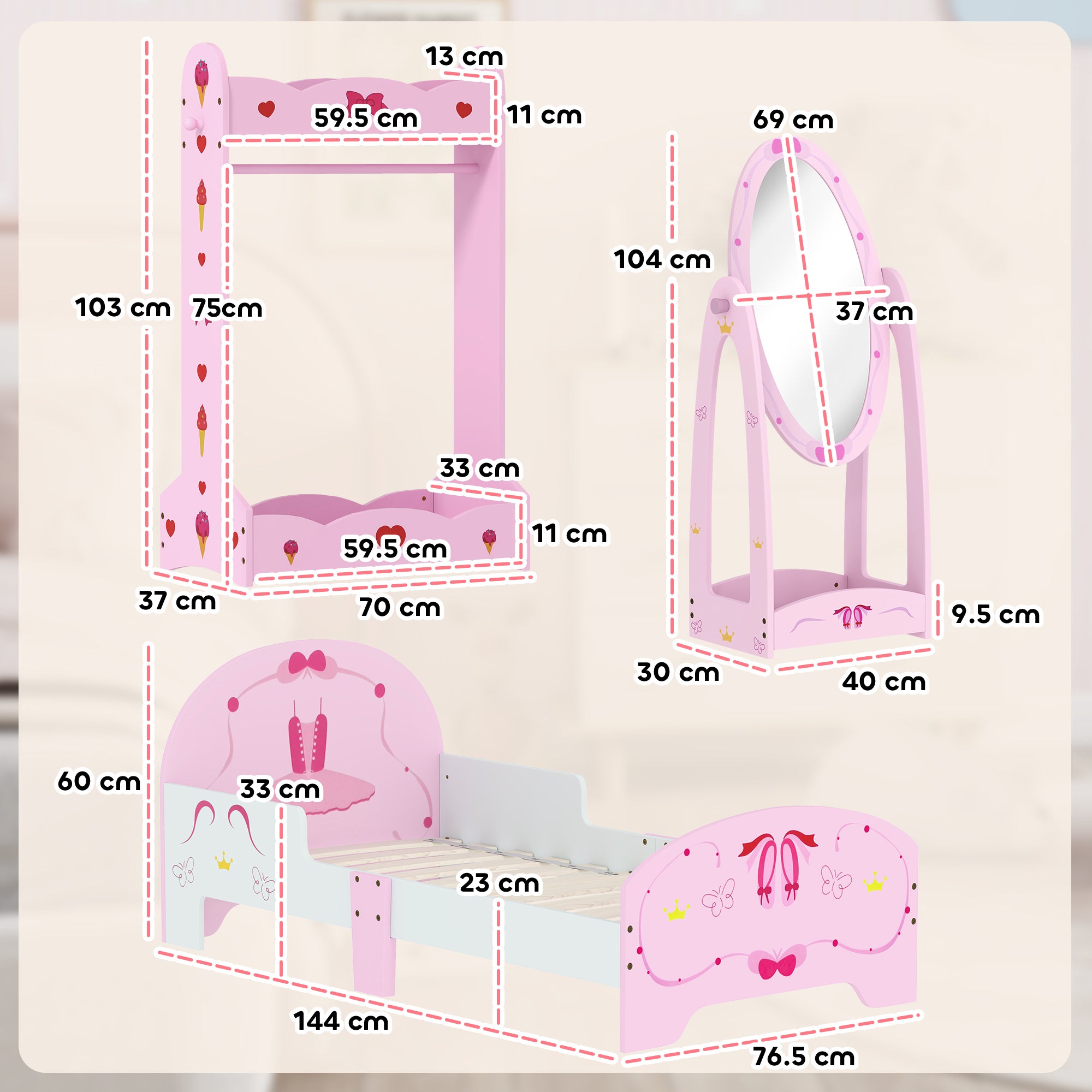AIYAPLAY Kids Bed with Safety Rails, Kids Clothes Rail, Kids Full Length Mirror, 3 Piece Kids Furniture Set for Bedroom, Pink