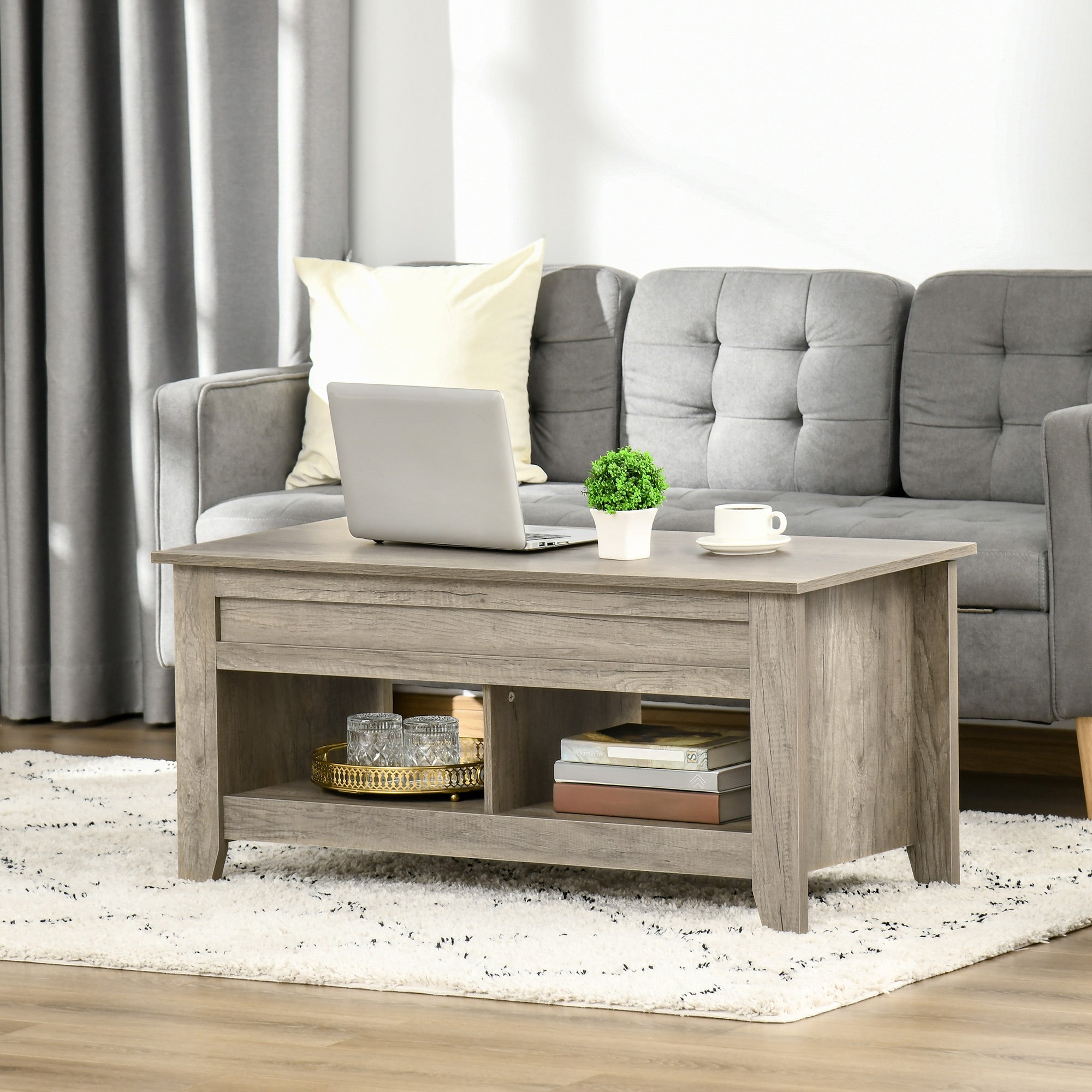 Lift Top Coffee Table w/ Hidden Storage Compartment Open Shelves Lift Tabletop Pop Up Centre Table for Living Room Oak Effect