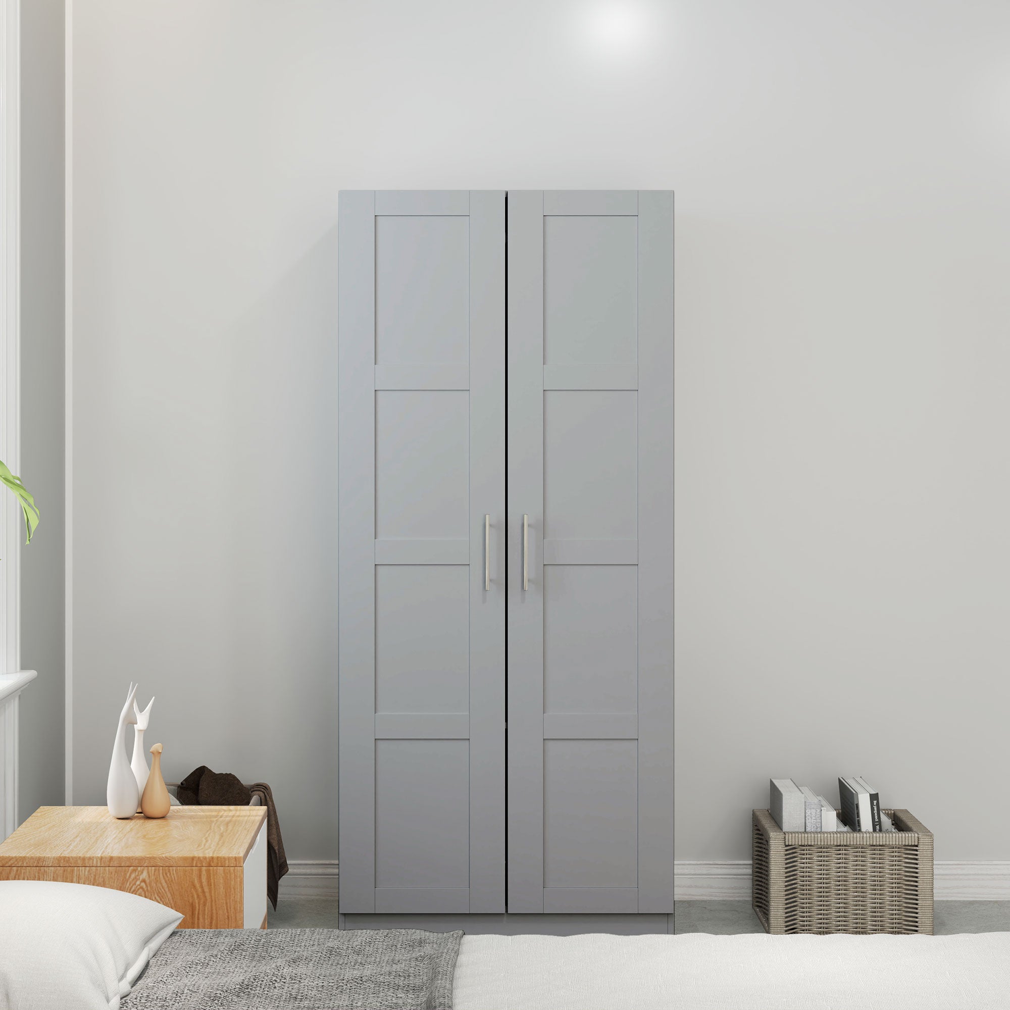 Double Paneled Door Wardrobe, with Shelves - Grey