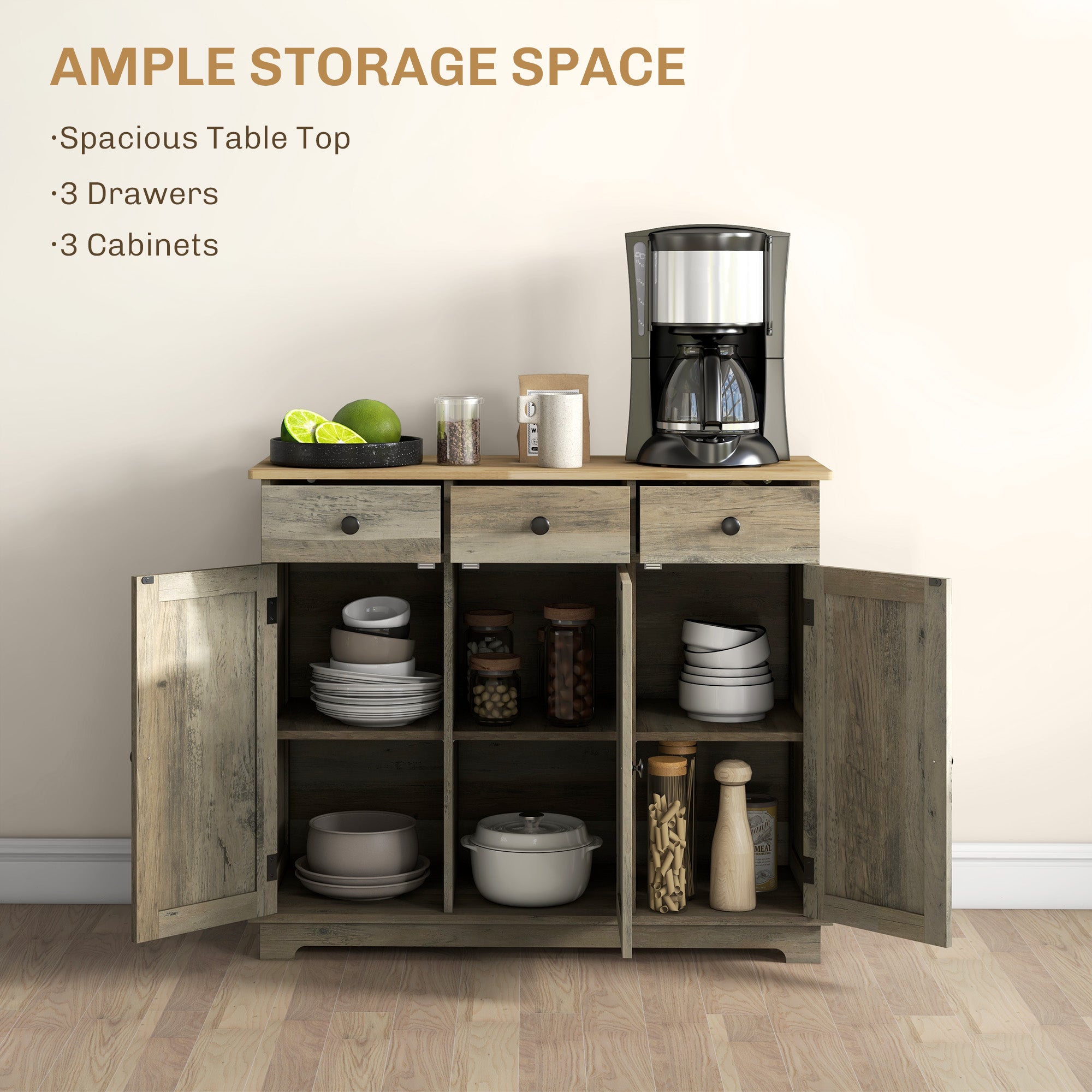 Sideboard with Rubber Wood Top, Modern Storage Cabinet, Kitchen Cupboard with 3 Doors, 3 Drawers and 3 Adjustable Shelves for Dining Room, Living Room, Grey Wood-Effect