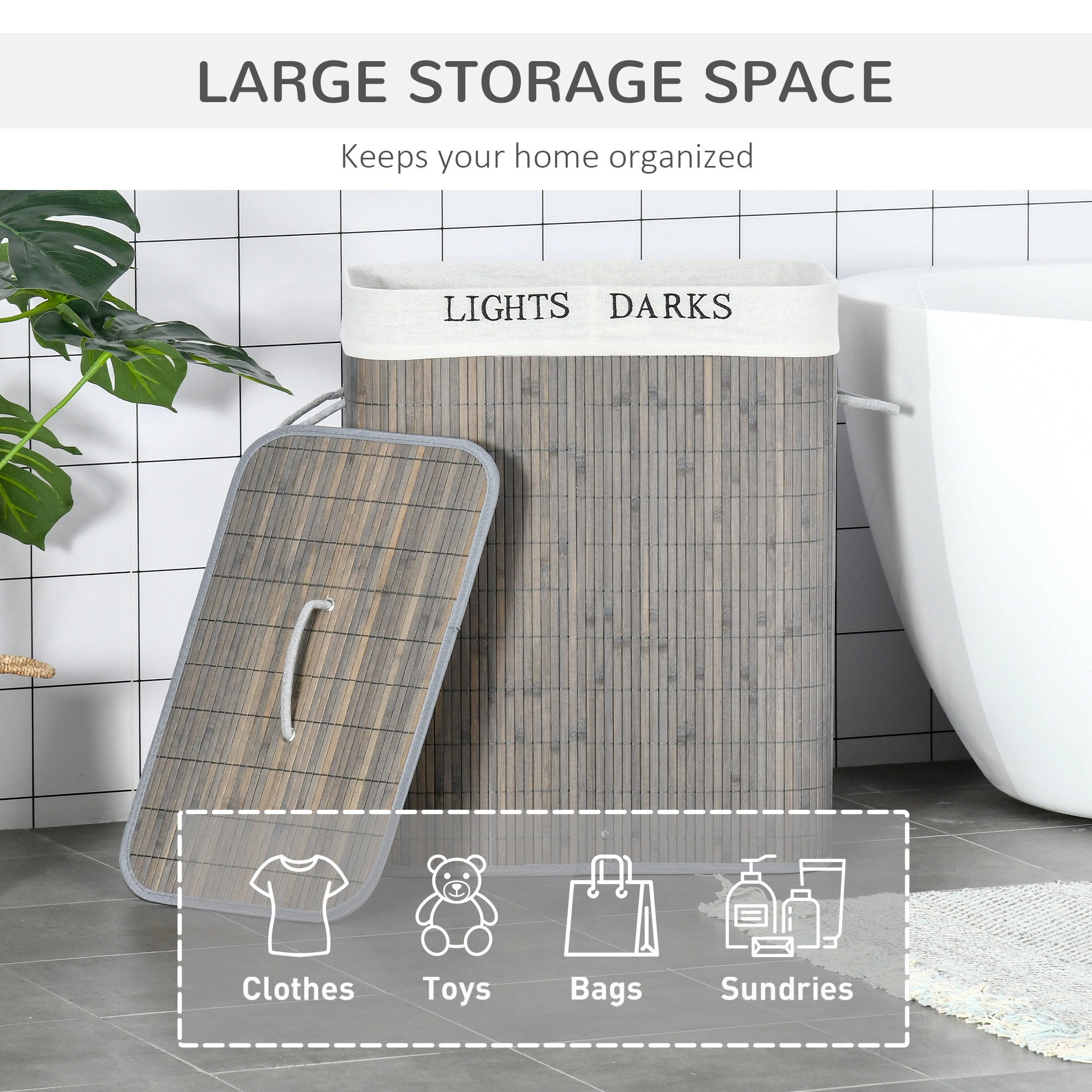 100L Laundry Basket with Lid String Handles, 2 Section Collapsible Hamper Removable Lining Foldable Water-Resistant Dirty Clothes Storage, Grey