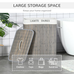 100L Laundry Basket with Lid String Handles, 2 Section Collapsible Hamper Removable Lining Foldable Water-Resistant Dirty Clothes Storage, Grey