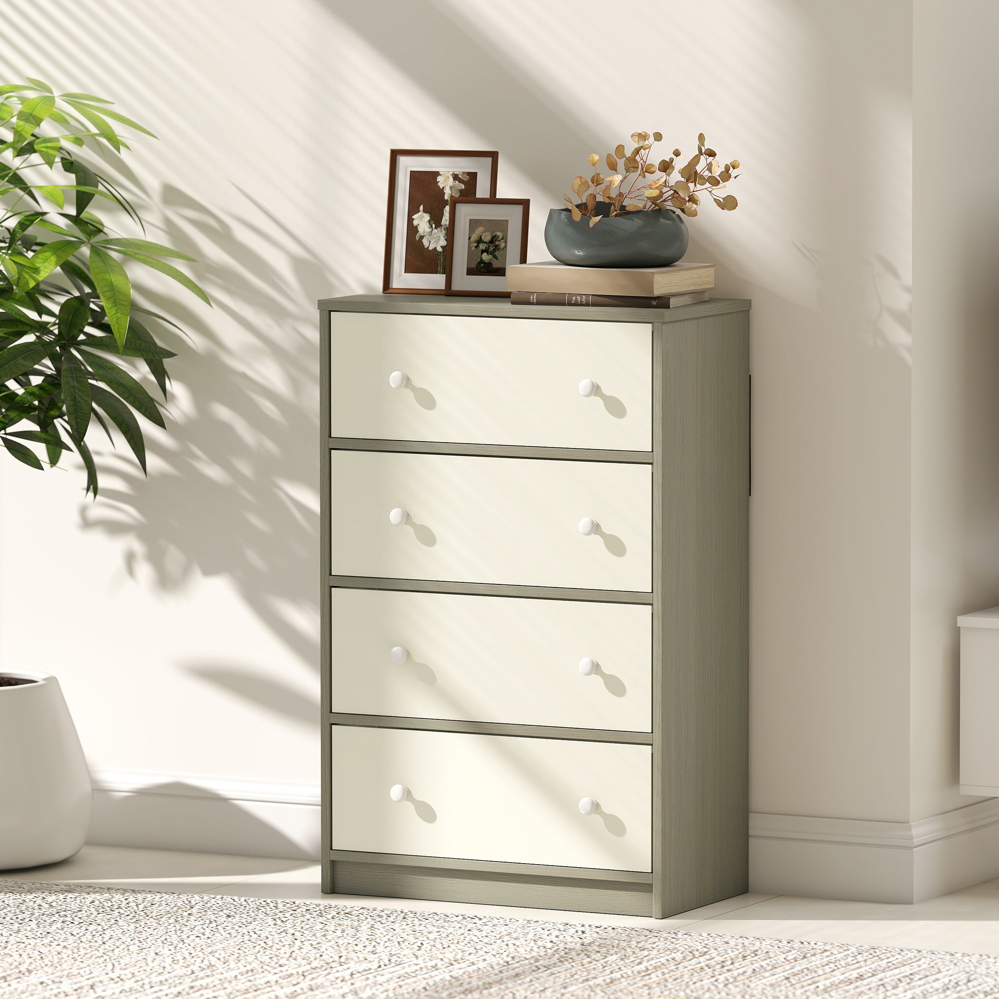 Chest of Drawers, Dresser with 4 Fabric Drawers - White and Grey