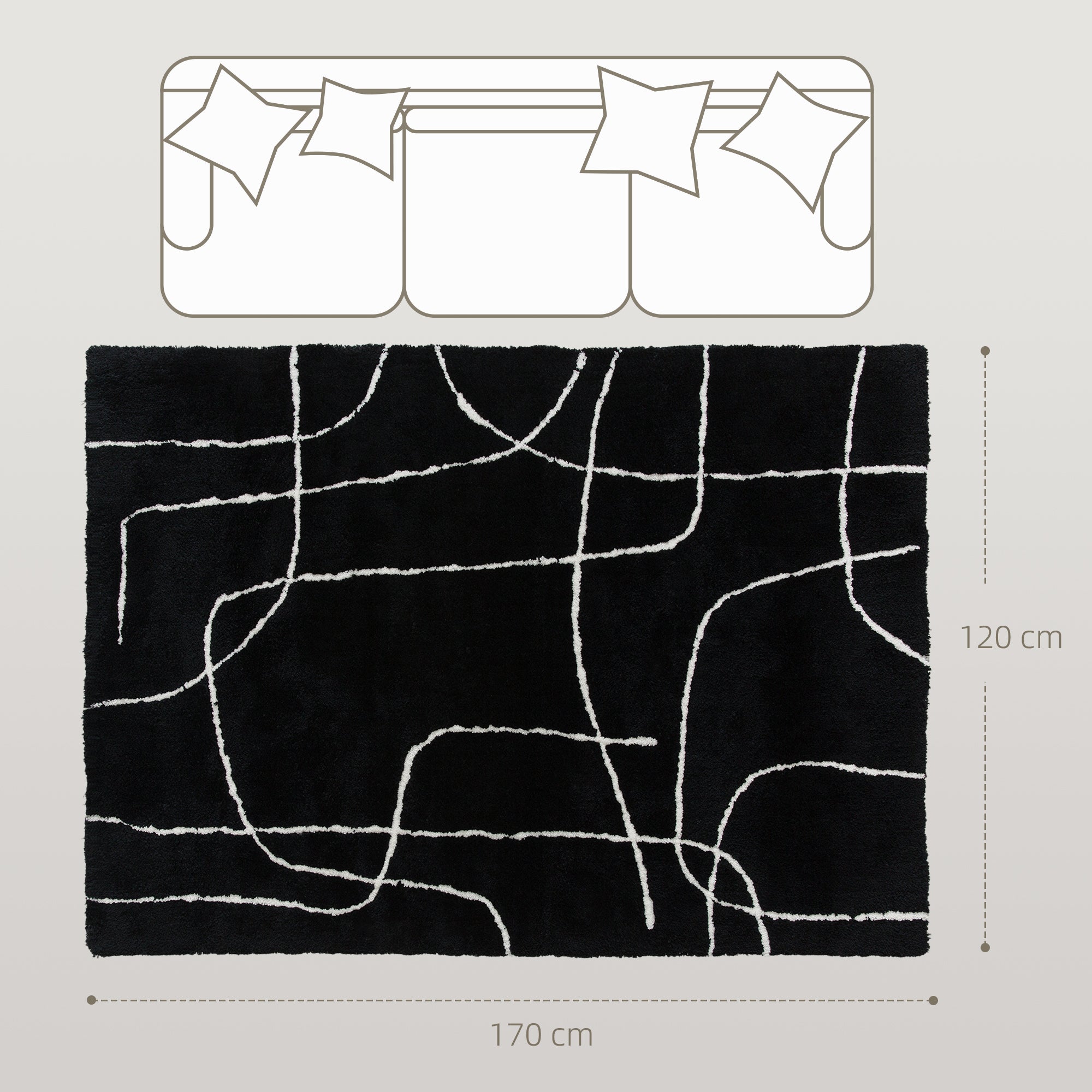 Fynco - Modern Fluffy Area Rug, Geometric Pattern Washable Rug, Soft High Pile Floor Carpet for Living Room, Bedroom, Dining Room, Home Office, 170 x 120 cm, Black