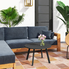 70cm Round Coffee Table, Outdoor Garden Table with Non-Slip Foot Pads and Metal Frame for Garden, Terrace, Balcony, Living Room, Black