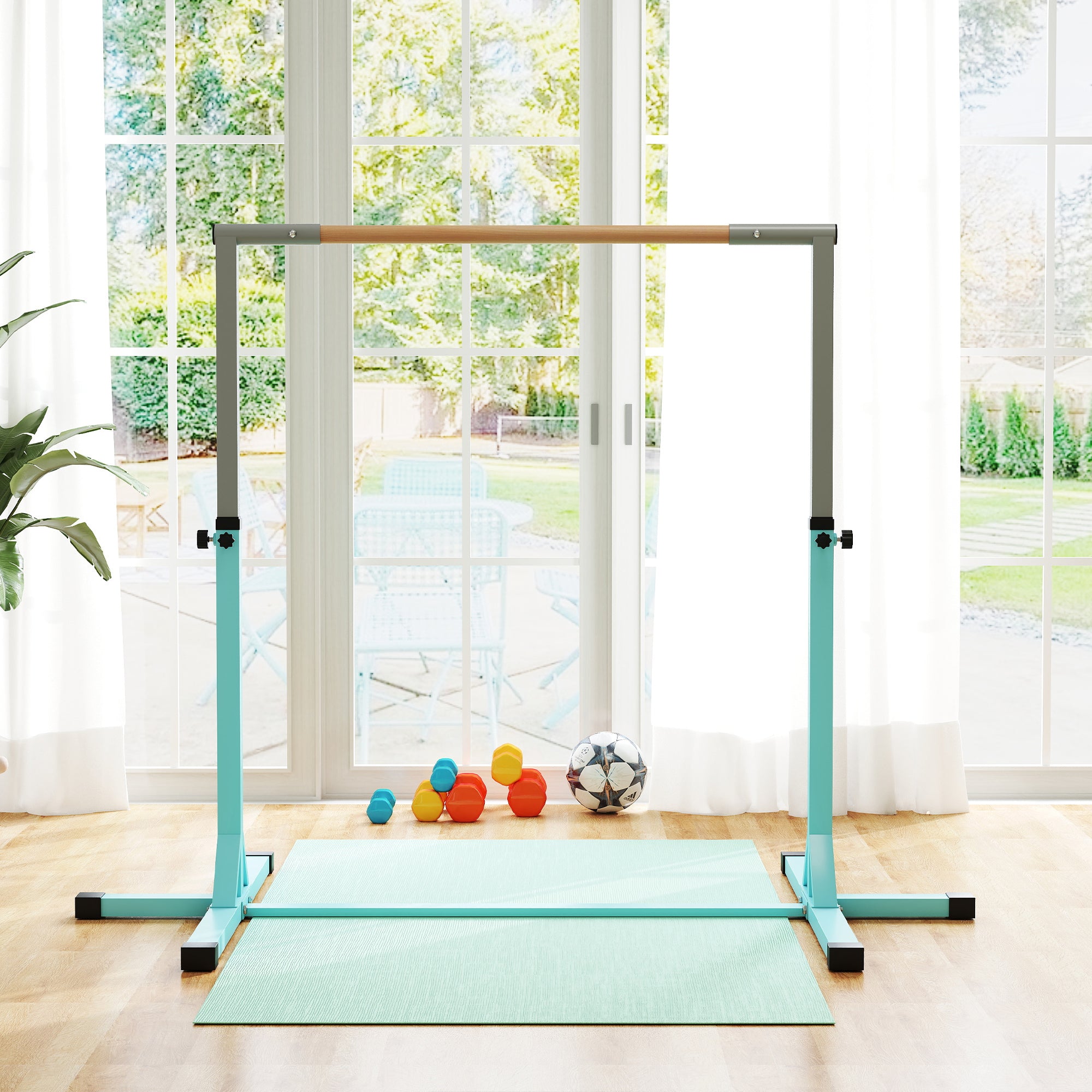 Height Adjustable Gymnastics Horizontal Bar for Kids, Children Junior Kip High Bar Fitness, Light Blue