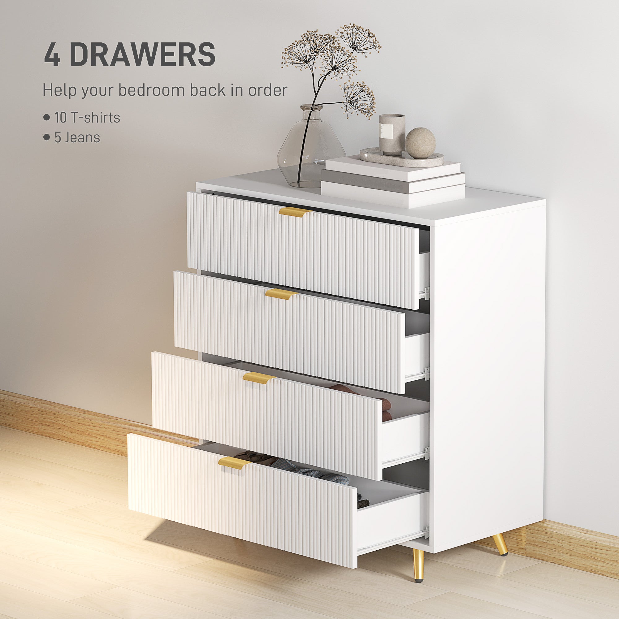 Elegant Four-Drawer Bedside Table - White
