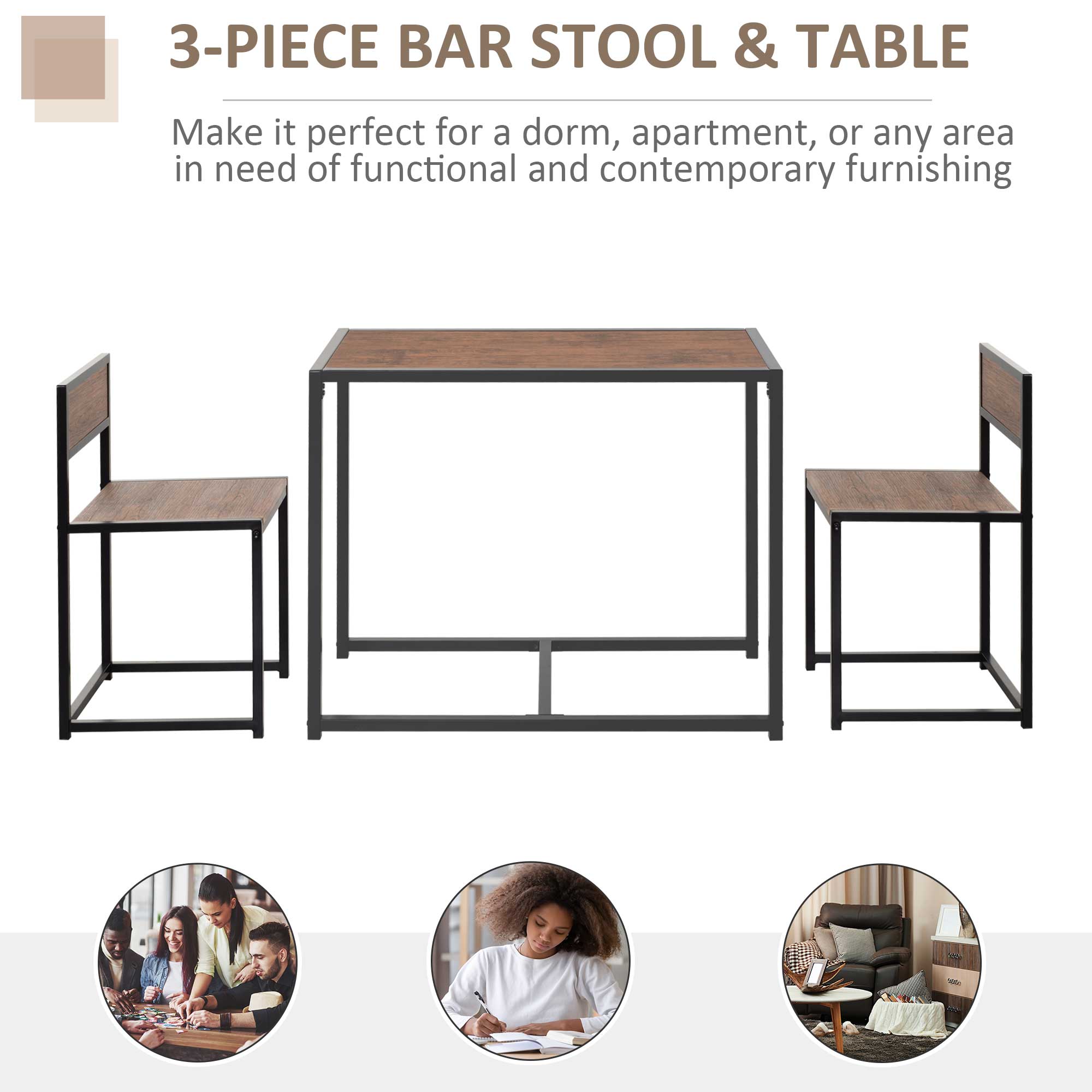 Dining Table and Chairs Set 2, Dining Room Sets, Rectangular Space Saving Table and 2 Chairs for Compact Kitchens, Steel Frame, Natural