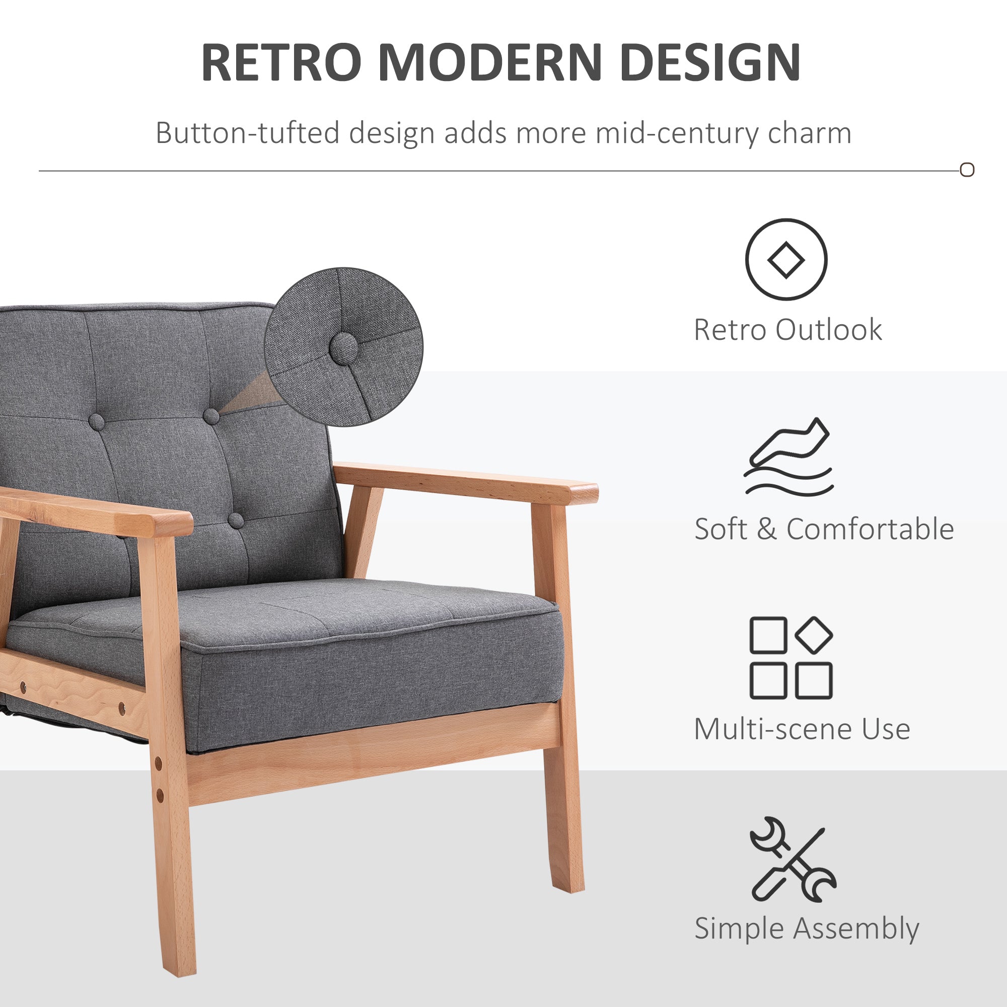 Armchair, Linen Fabric Accent Chair, Occasional Chair with Beech Wood Frame for Living Room, Reception, Bedroom, Balcony, Set of 2, Grey and Natural