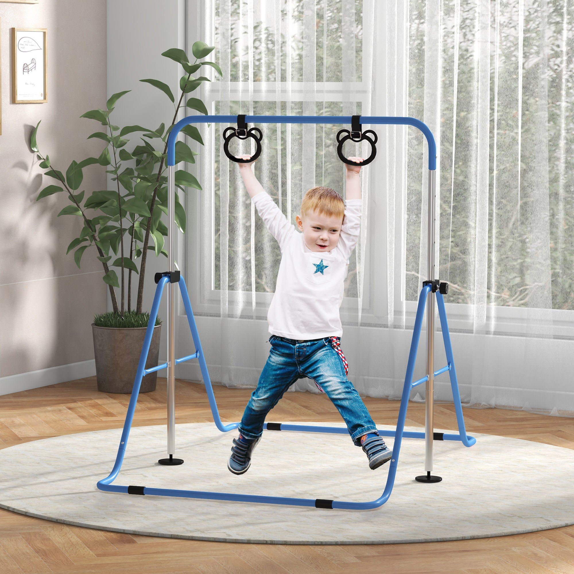 Adjustable Height, Foldable Kids Gymnastics Bar w/ Non-slip Rubber Floor Rings, for 3+ Years, Blue
