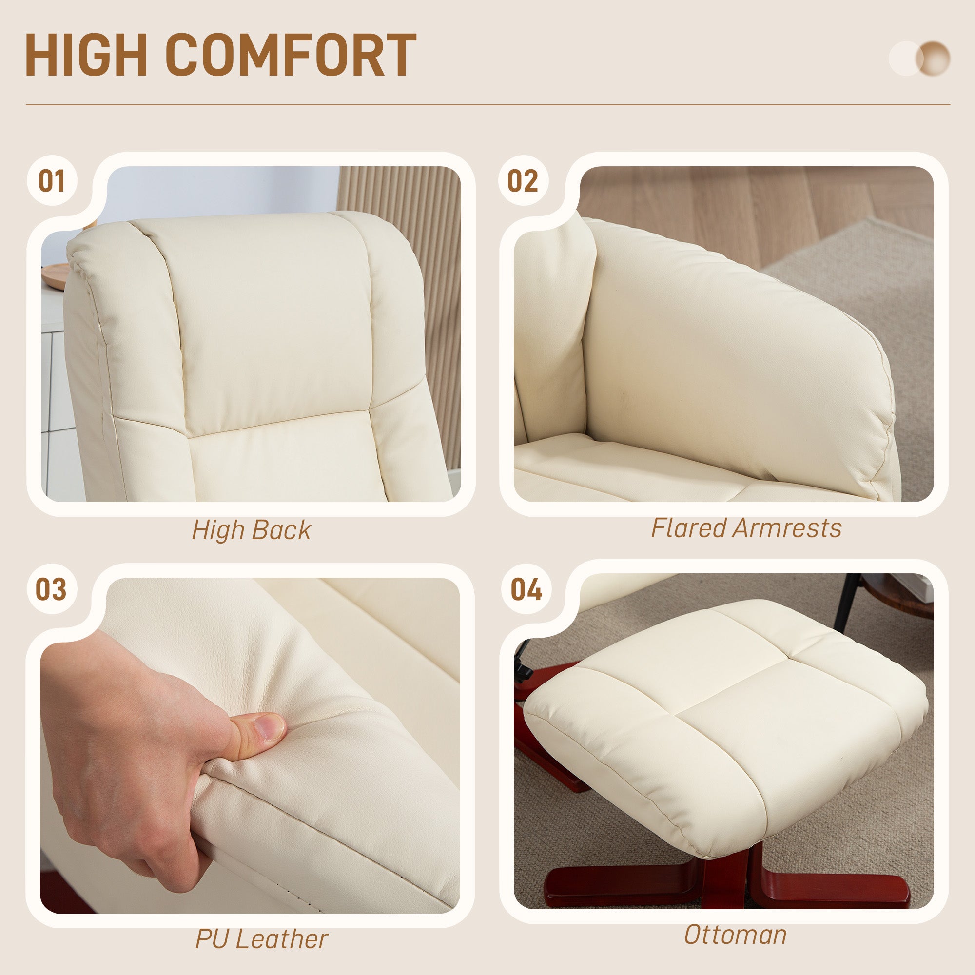 Fynco - Rocking Recliner Chair with Footstool, PU Leather Recliner Armchair with Wood Base, Upholstered Reclining Chair for Living Room Bedroom, Cream