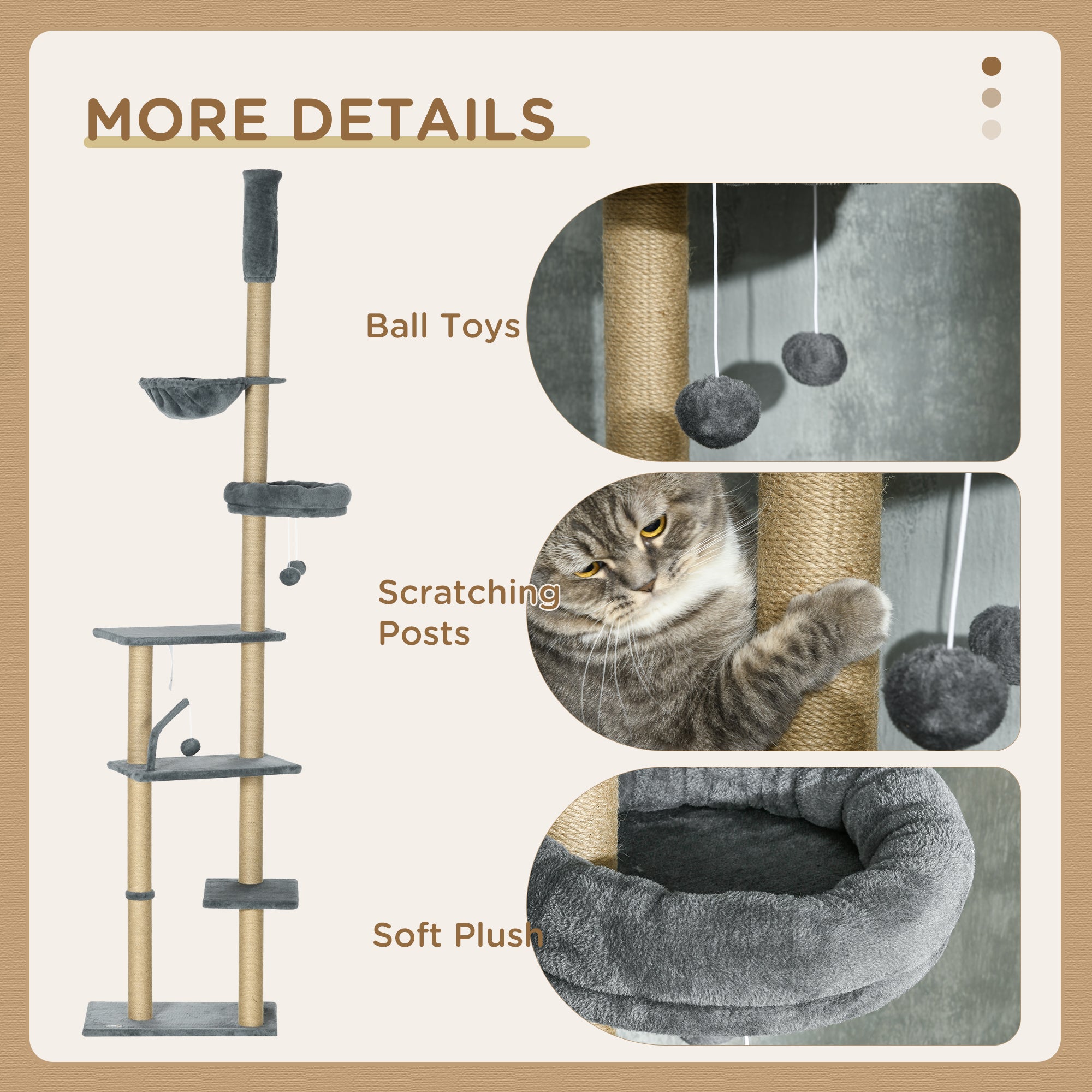 Floor to Ceiling Cat Tree for Indoor Cats, 6-Tier Play Tower Climbing Activity Center with Scratching Post, Platforms, Bed, Hammock, Adjustable Height 230-250cm, Grey