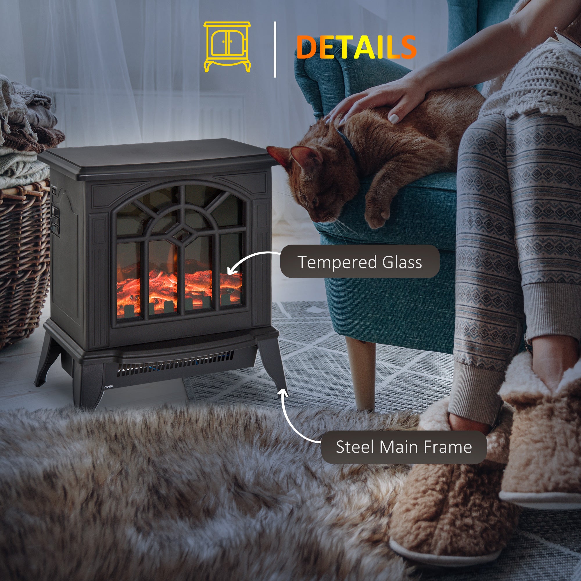 Fynco - 1000W/2000W Freestanding Electrical Fireplace Indoor Heater Stove Log Wood LED Burning Effect Flame with Thermostat Control Black