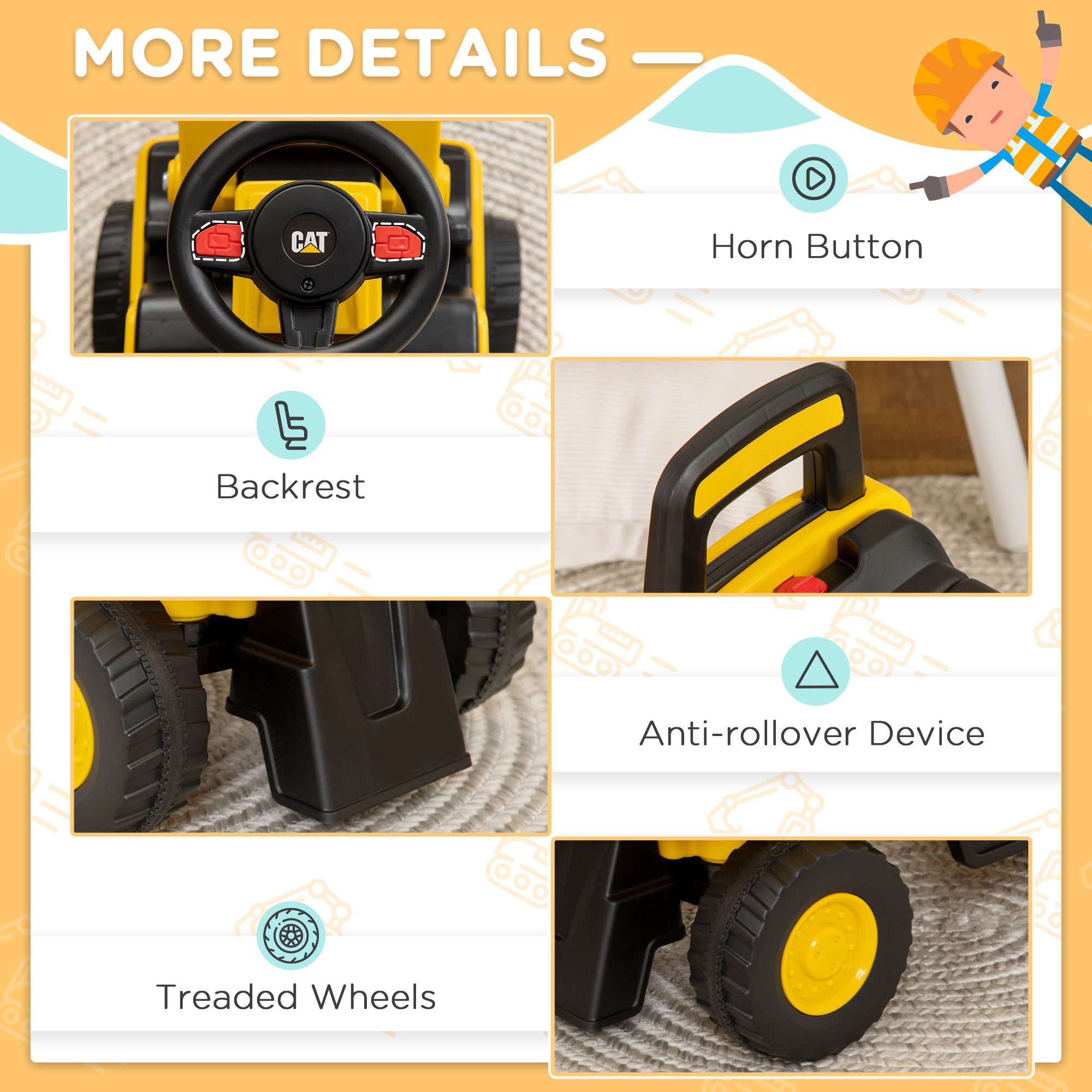 CAT Licensed Kids Construction Ride-On Toddler Digger Excavator Foot-To-Floor Ride-On Toy w/ Manual Shovel, Horn, Hidden Storage, for Ages 1.5-3 Years