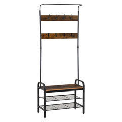 Coat Rack Stand Industrial hallway Shoe Rack Removable Hooks Metal Wood Hangers Storage Cabinet Rustic Brown 72L×34W×185H(cm)