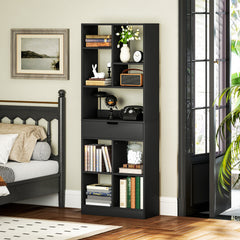 Fynco - Tall Bookshelf with Drawer, Freestanding Bookcase for Bedroom, Living Room, Home Office, Black