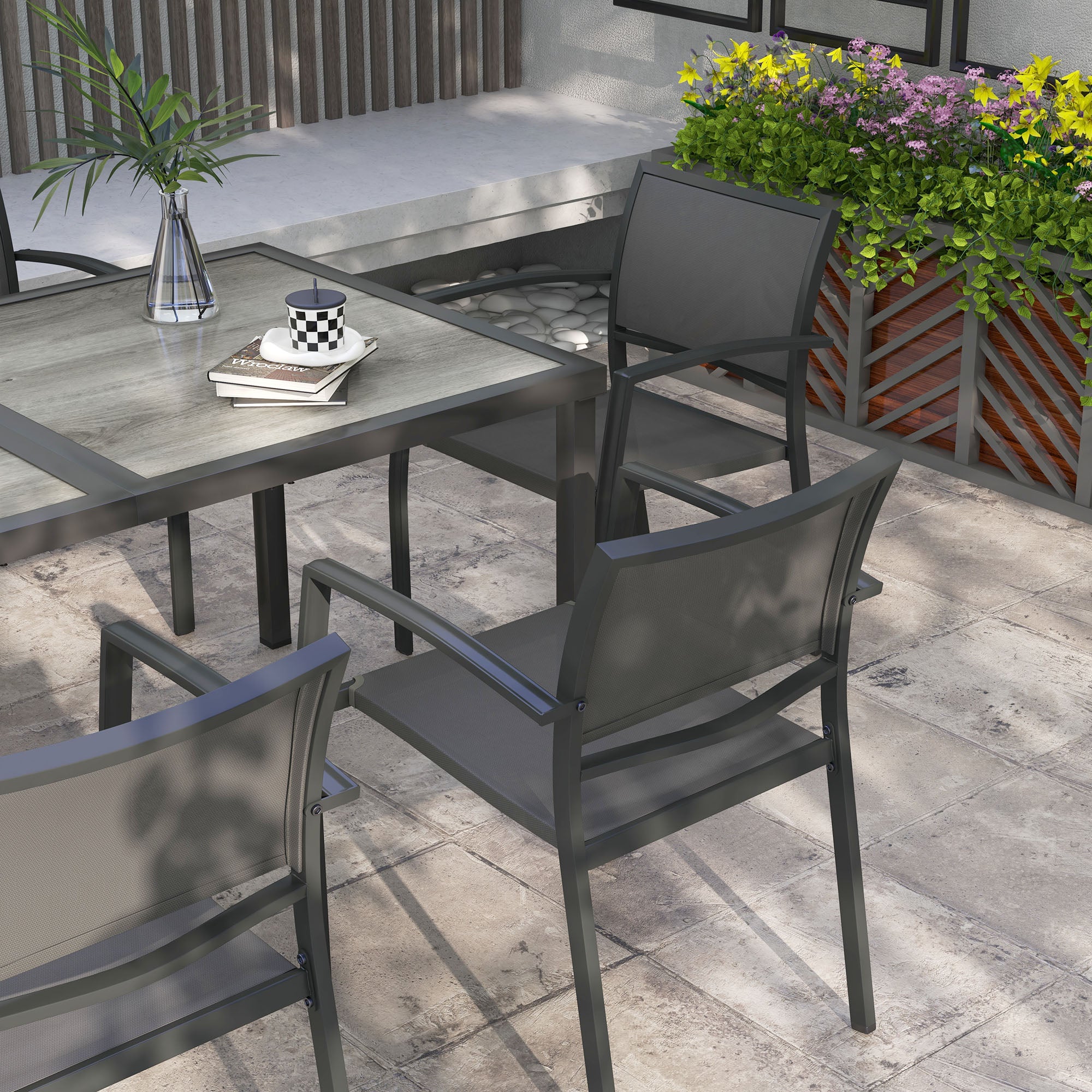 Seven-Piece Casual Outdoor Dining Set, with Wood-Effect Table - Grey