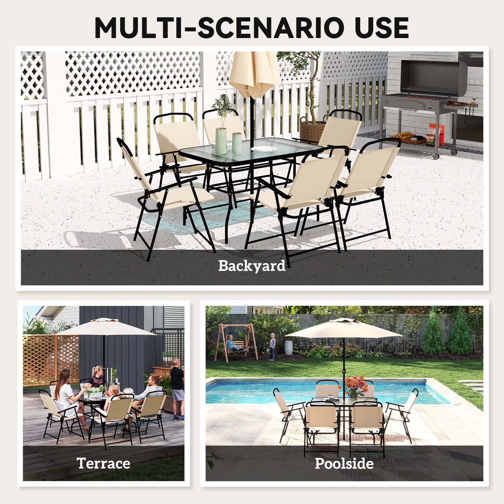 8 Pieces Garden Dining Set with Umbrella, Patio Sets with Parasol with 6 Foldable Chairs, Glass Top Table, and Sun Parasol, Beige