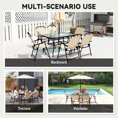 8 Pieces Garden Dining Set with Umbrella, Patio Sets with Parasol with 6 Foldable Chairs, Glass Top Table, and Sun Parasol, Beige
