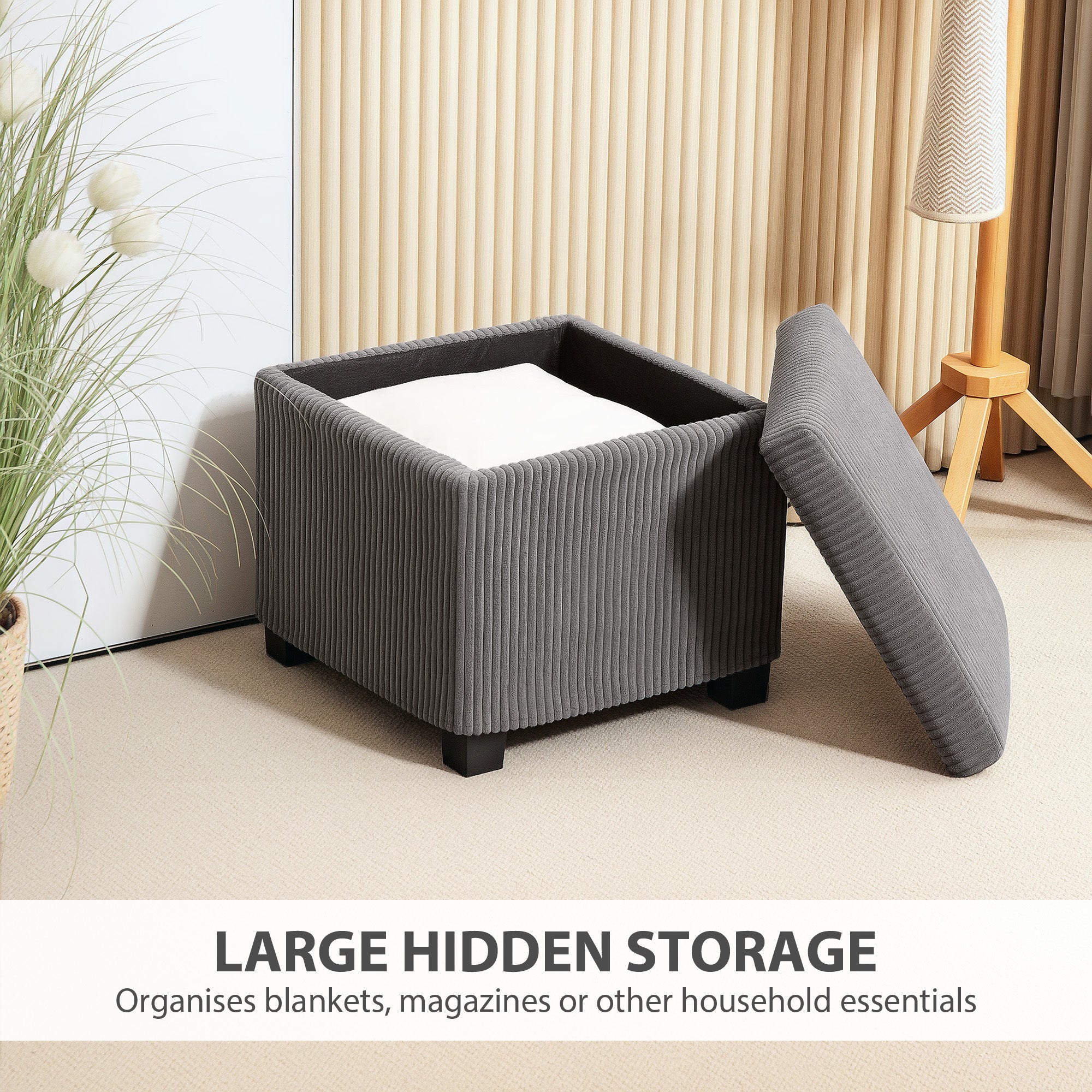 Storage Ottoman Bench, Corduroy Footstool with Removable Lid and Legs, 40cm Storage Chest Box for Living Room, Bedroom, Hallway, Grey