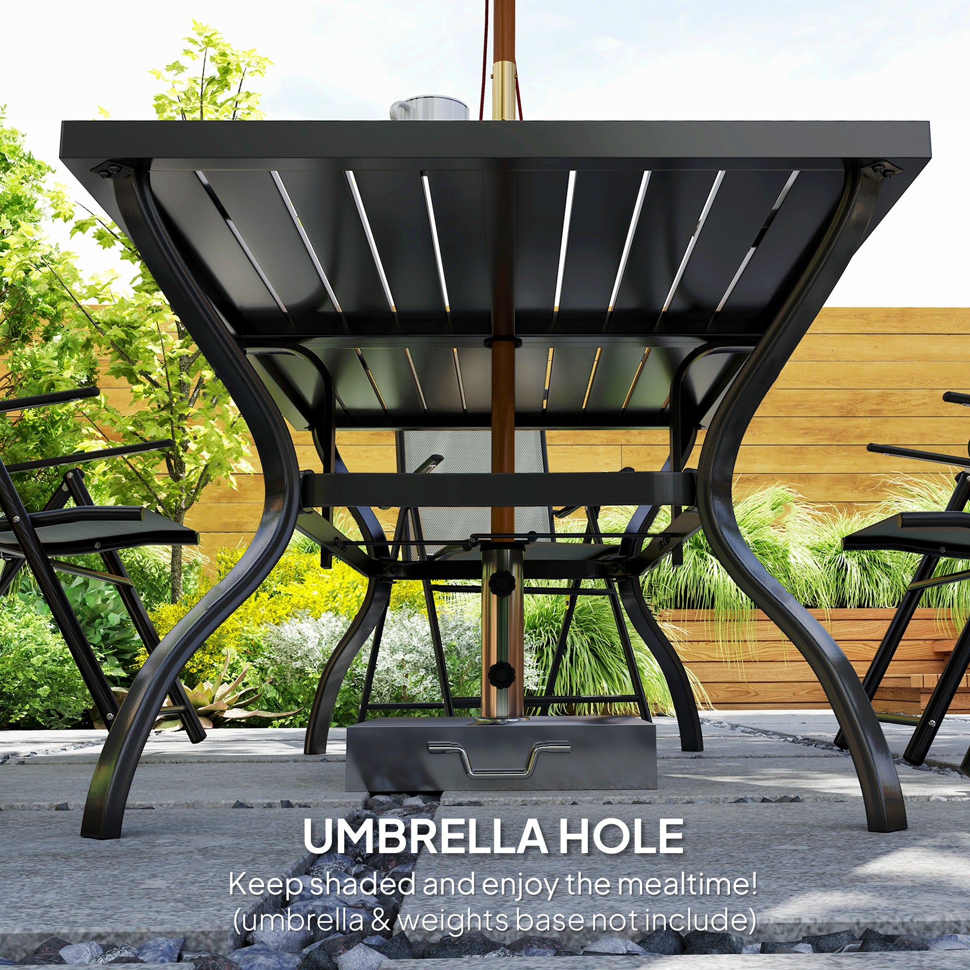 Seven-Piece Steel Outdoor Dining Set, with Parasol Hole - Grey