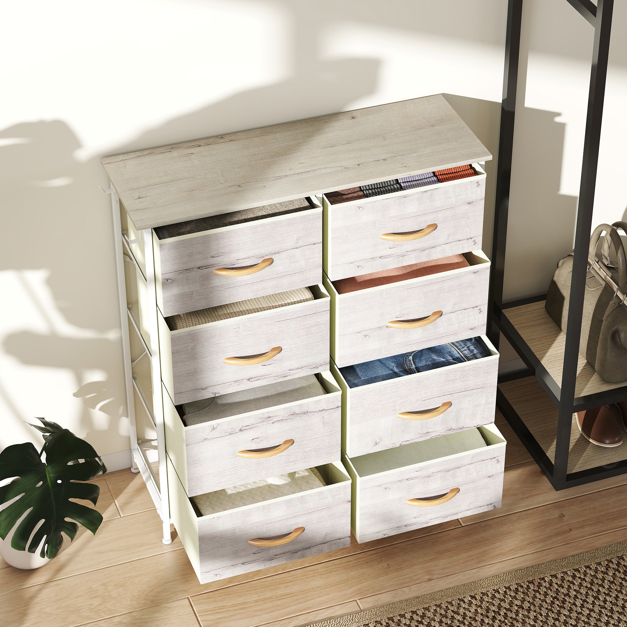 Chest of Eight Fabric Drawers - Natural Wood Finish