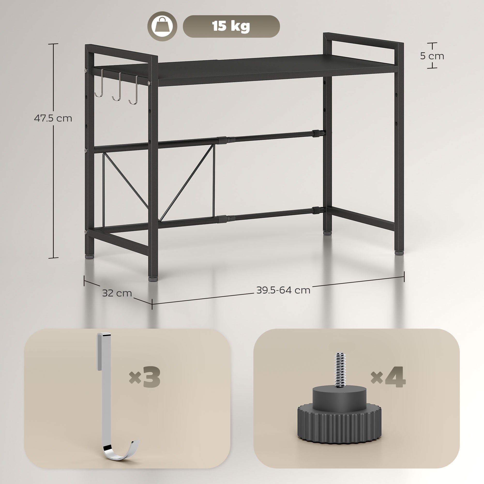 Expandable Microwave Oven Rack with 3 Hooks - Black