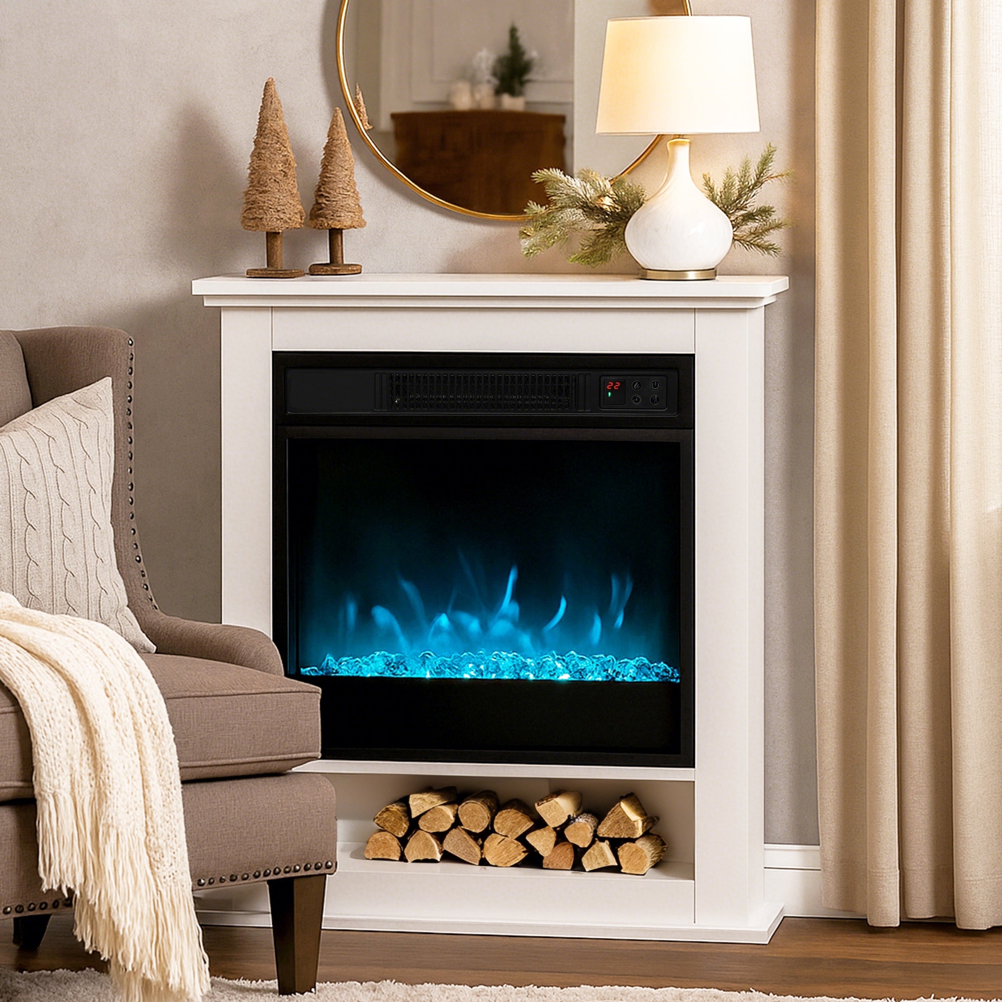 Fynco - 1800W Adjustable Faux Flame Electric Fireplace - White