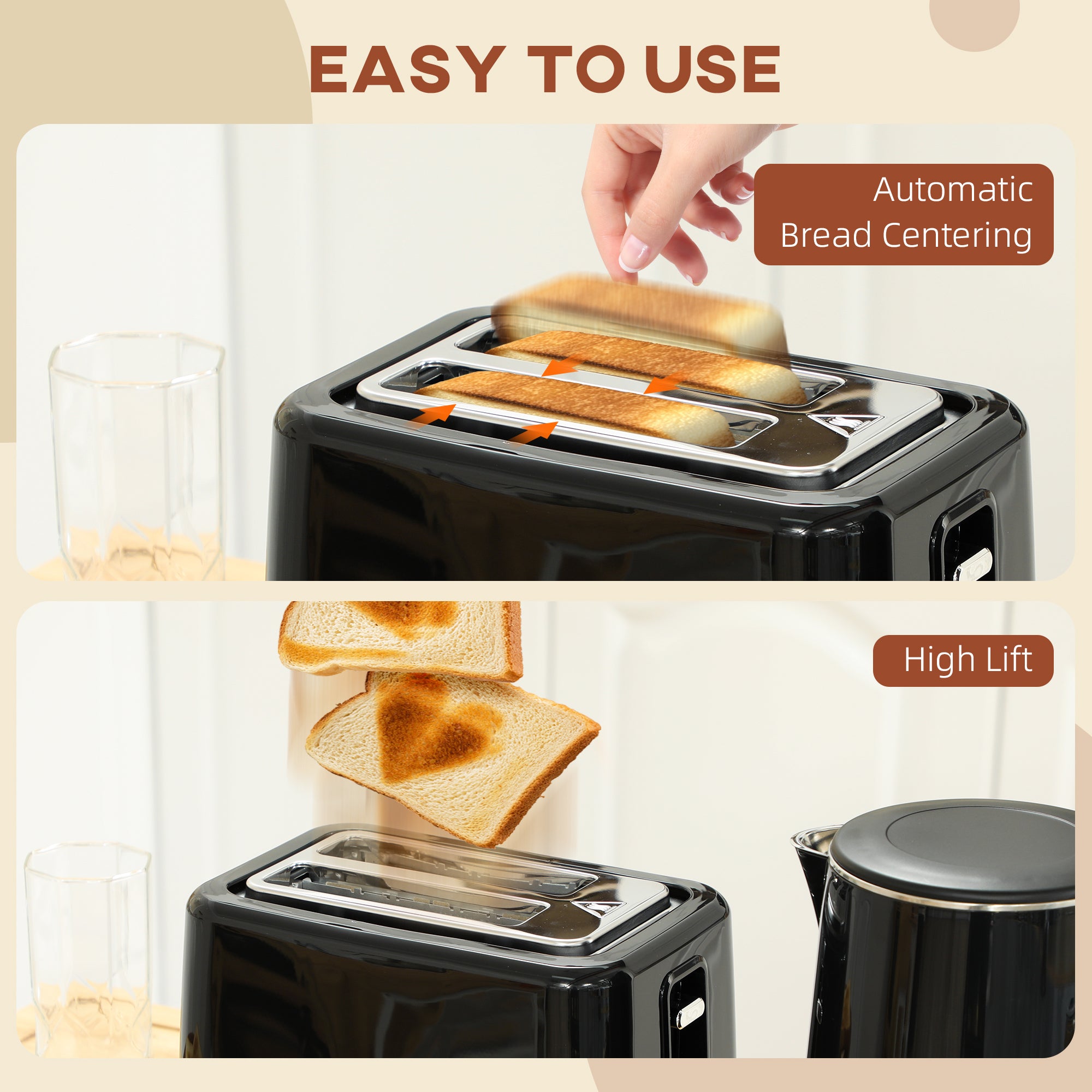 Polished Metal Kettle and Toaster Set - Black